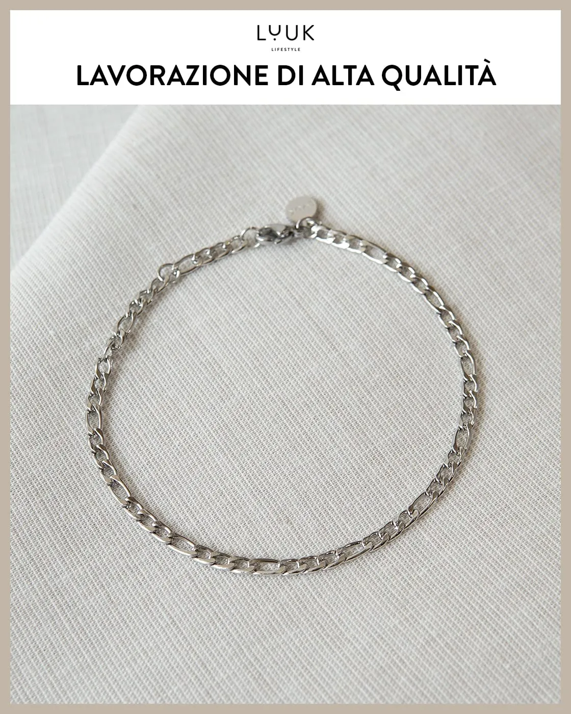 LUUK LIFESTYLE Bracciale a catena figaro in acciaio inossidabile, 50cm, Argento - immagine 2