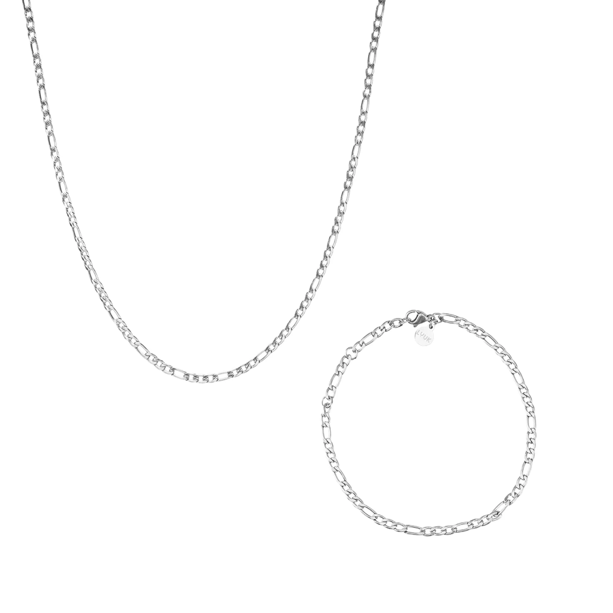 LUUK LIFESTYLE Set di gioielli in acciaio inossidabile con collana e bracciale catena Figaro, Argento - immagine 1