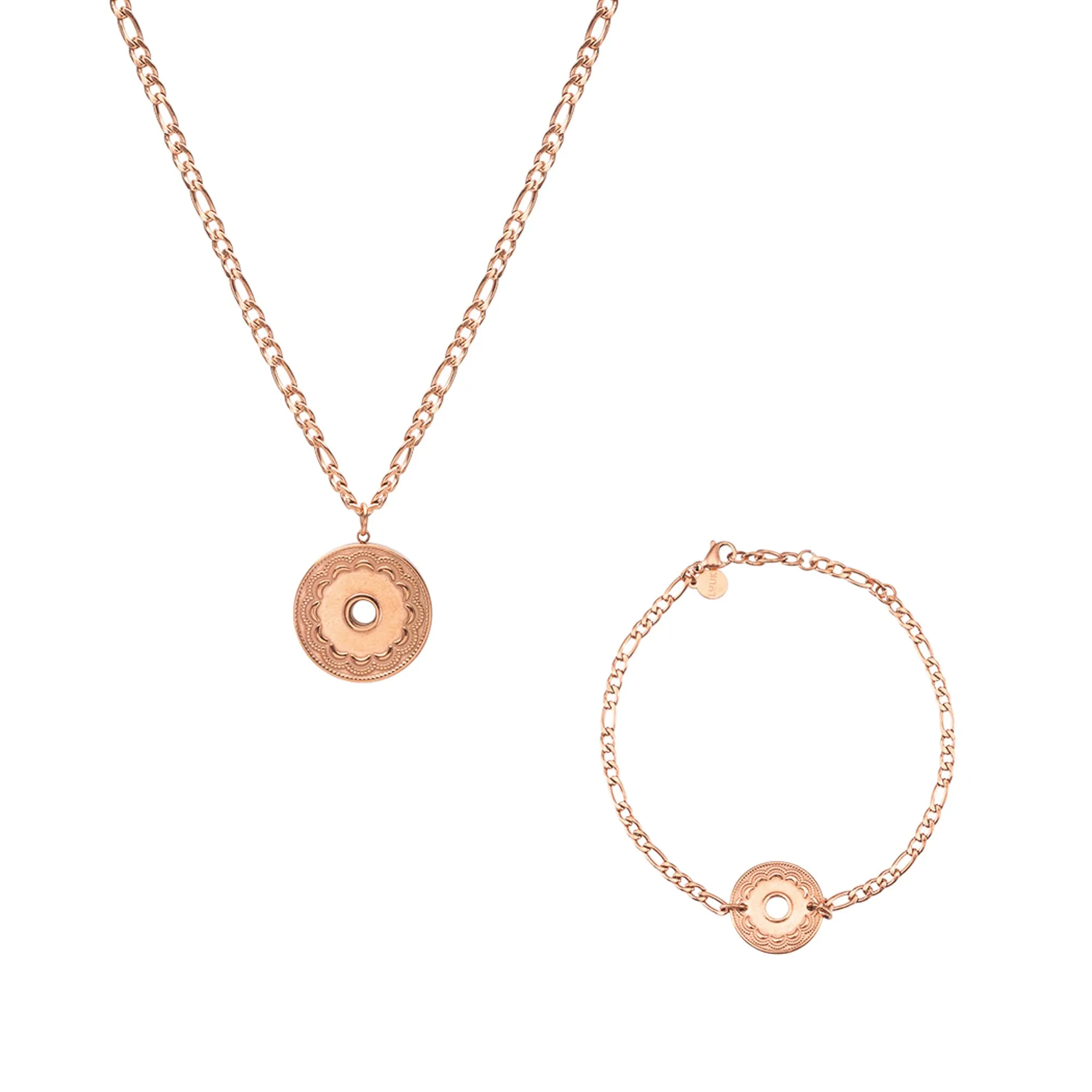 LUUK LIFESTYLE Set Collana e Bracciale in Acciaio Inossidabile con Ciondolo a Cerchio, Rosa - immagine 1