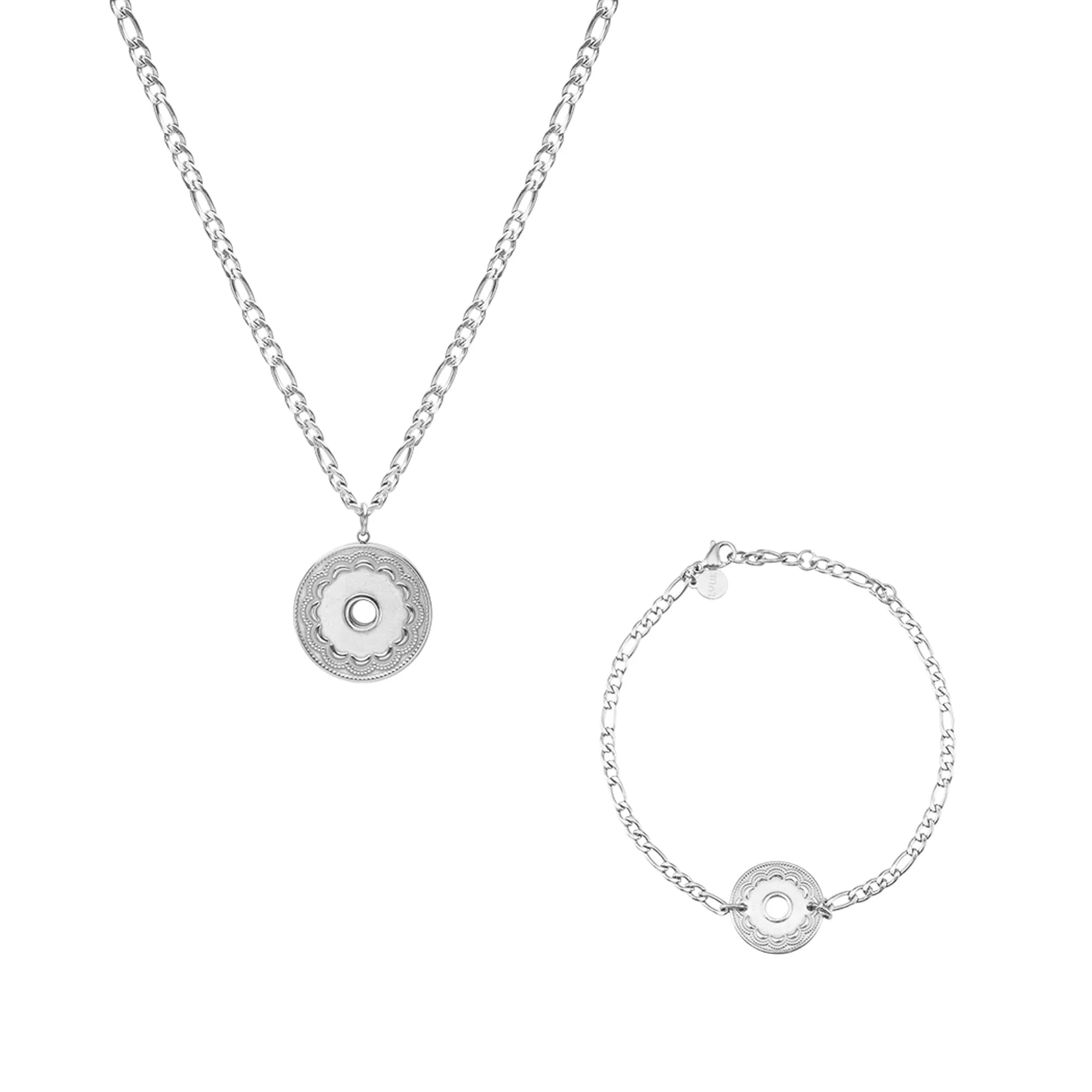 LUUK LIFESTYLE Set di gioielli in acciaio inossidabile, collana e bracciale con ciondolo a forma di cerchio, stile vintage, argento - immagine 1