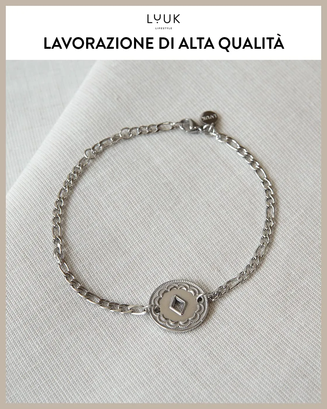 LUUK LIFESTYLE Braccialetto in acciaio inossidabile con ciondolo a rombo, argento - immagine 2