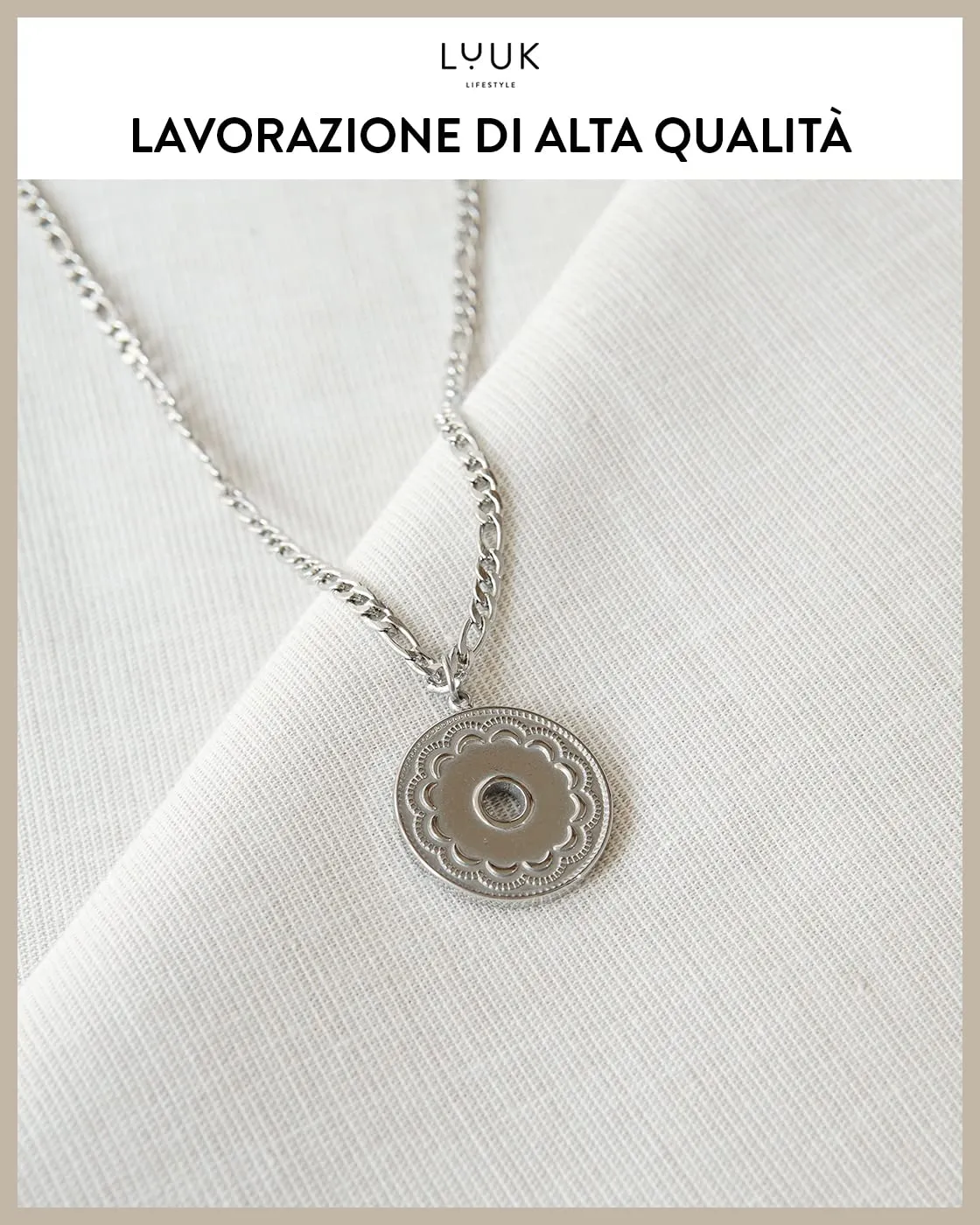 LUUK LIFESTYLE Collana in acciaio inossidabile con ciondolo a cerchio, 50cm, Argento - immagine 2