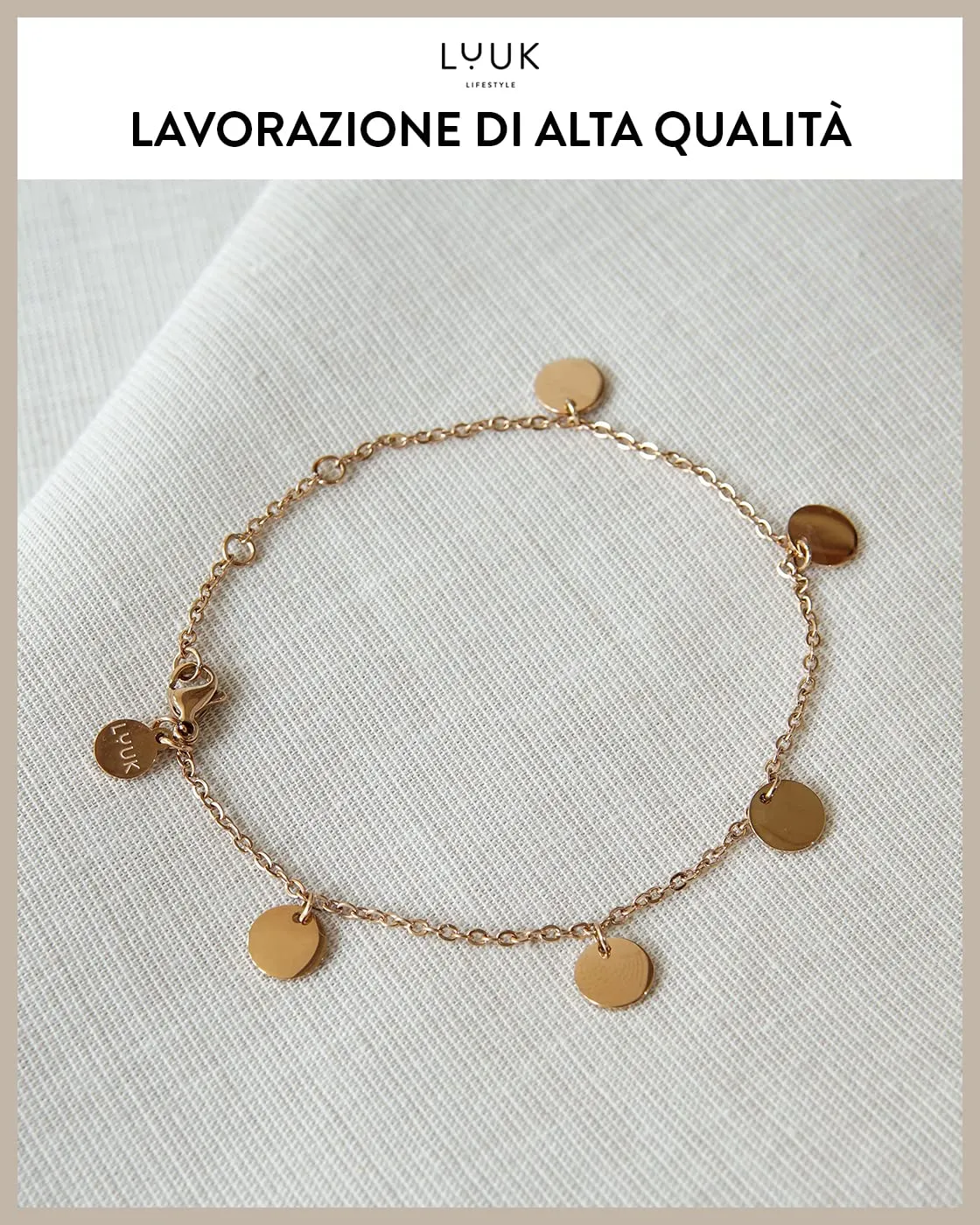 LUUK LIFESTYLE Braccialetto in acciaio inossidabile con cerchietti e catena regolabile, rosa - immagine 2