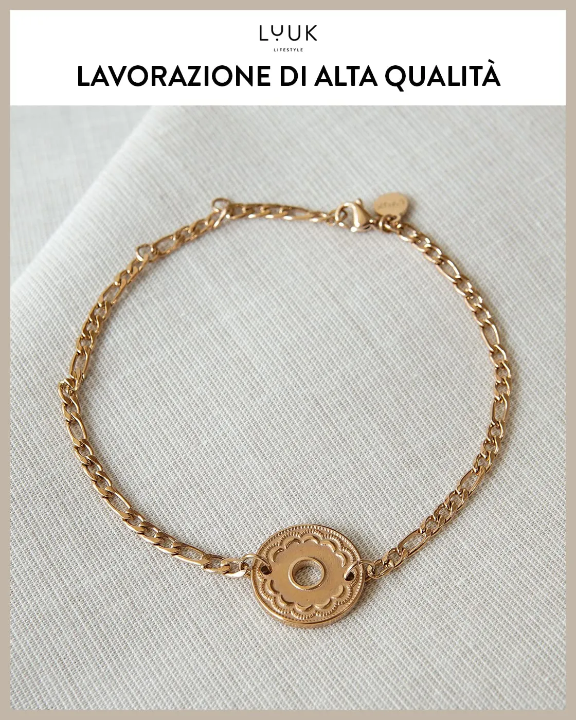 LUUK LIFESTYLE Bracciale in acciaio inossidabile con ciondolo a moneta, 50cm, Rosa - immagine 2