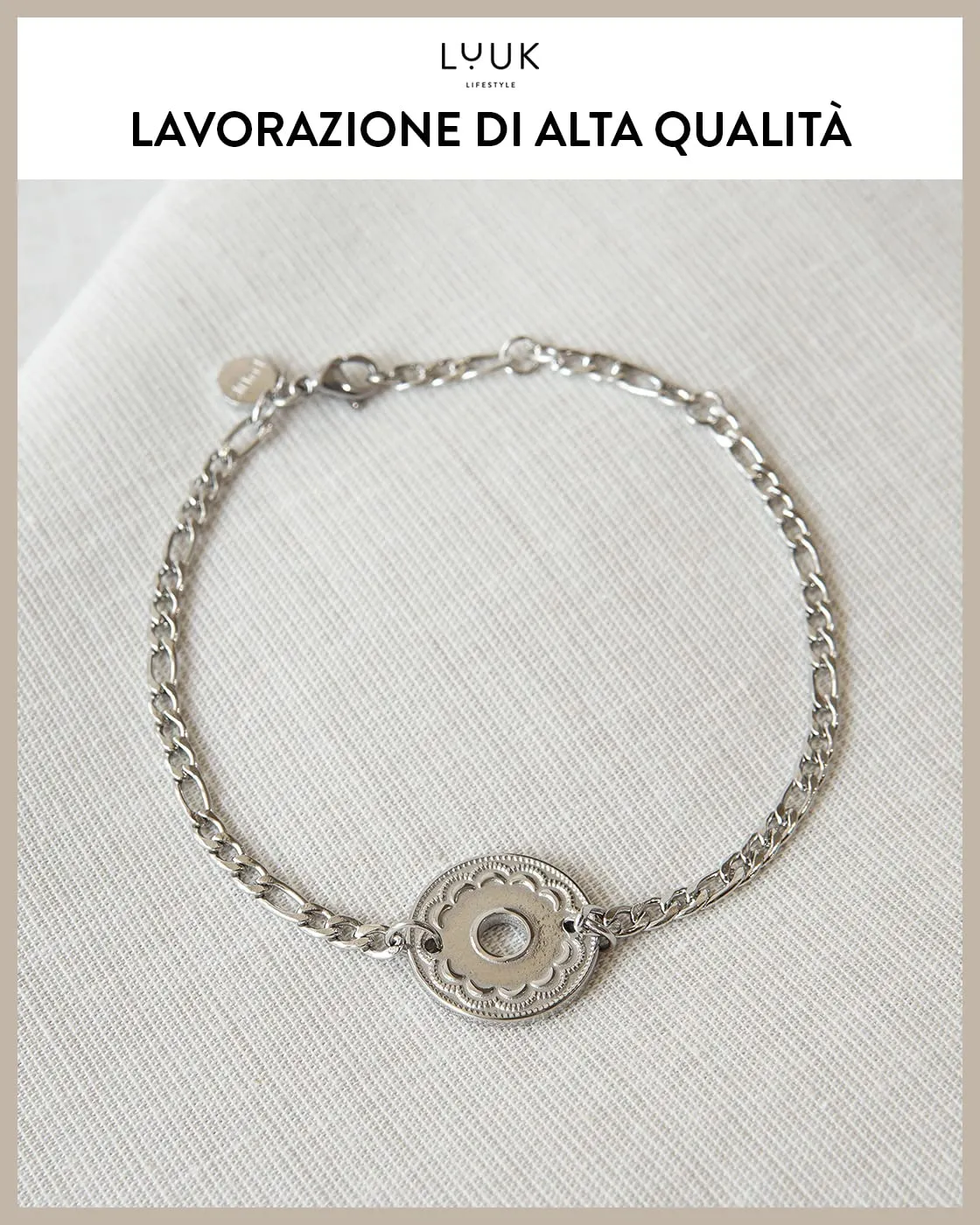 LUUK LIFESTYLE Bracciale in filigrana in acciaio inossidabile con ciondolo a cerchio, Argento - immagine 2
