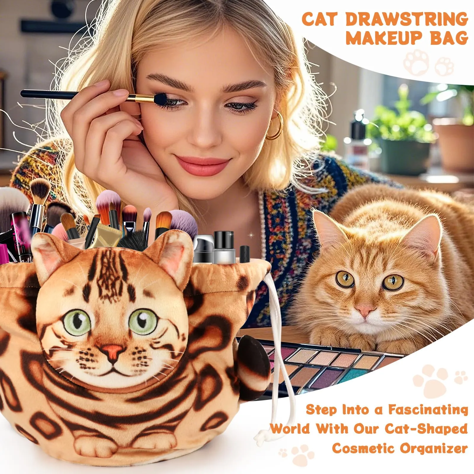 Openhahaha Trousse Porta Trucchi a Forma di Gatto con Coulisse, Borsa Cosmetica da Viaggio HZB-001 - immagine 2