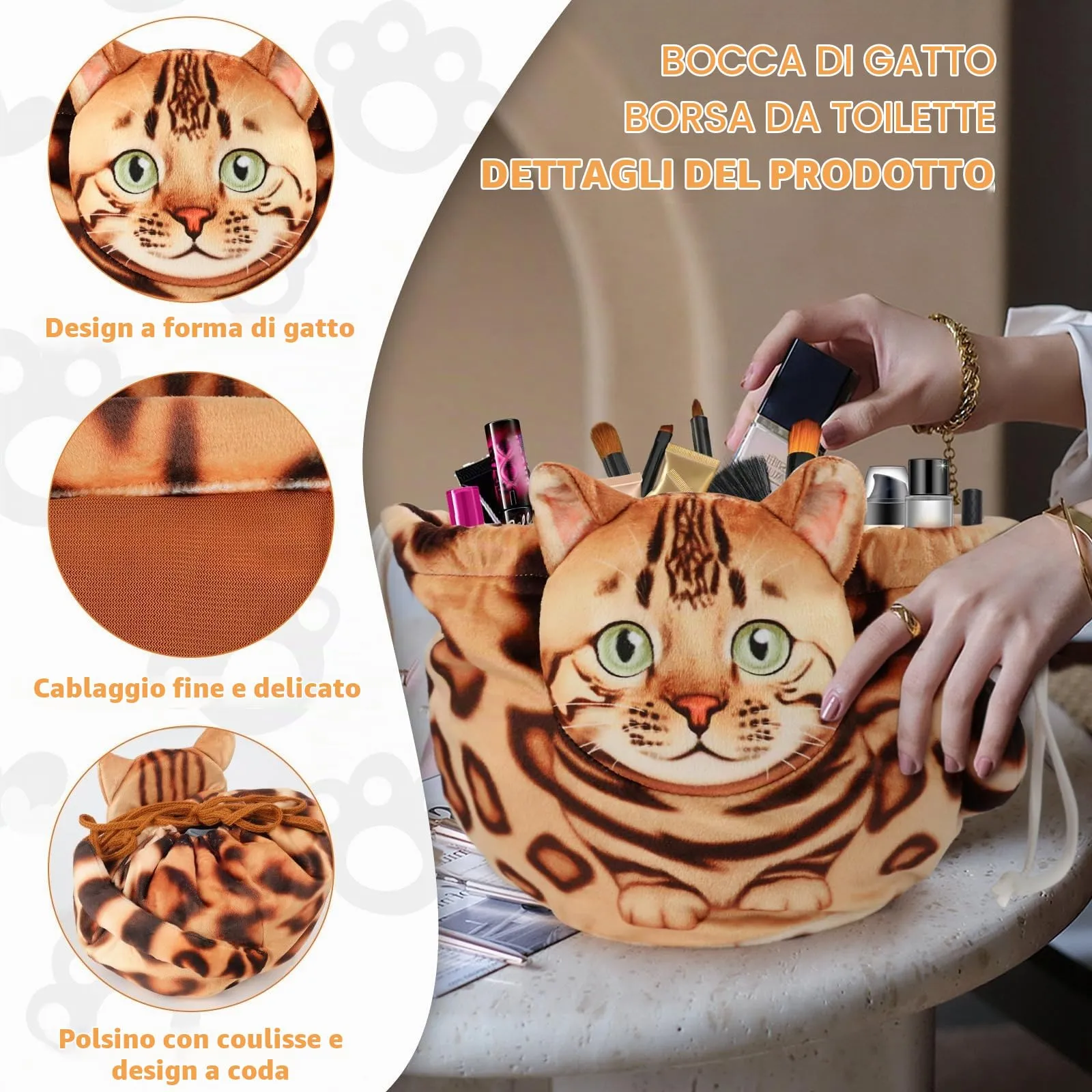 Openhahaha Trousse Porta Trucchi a Forma di Gatto con Coulisse, Borsa Cosmetica da Viaggio HZB-001 - immagine 3
