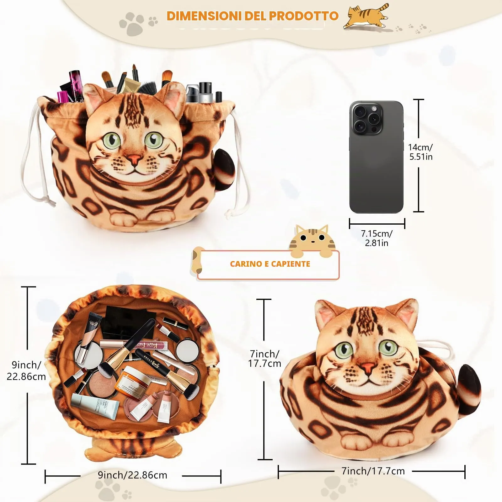 Openhahaha Trousse Porta Trucchi a Forma di Gatto con Coulisse, Borsa Cosmetica da Viaggio HZB-001 - immagine 4