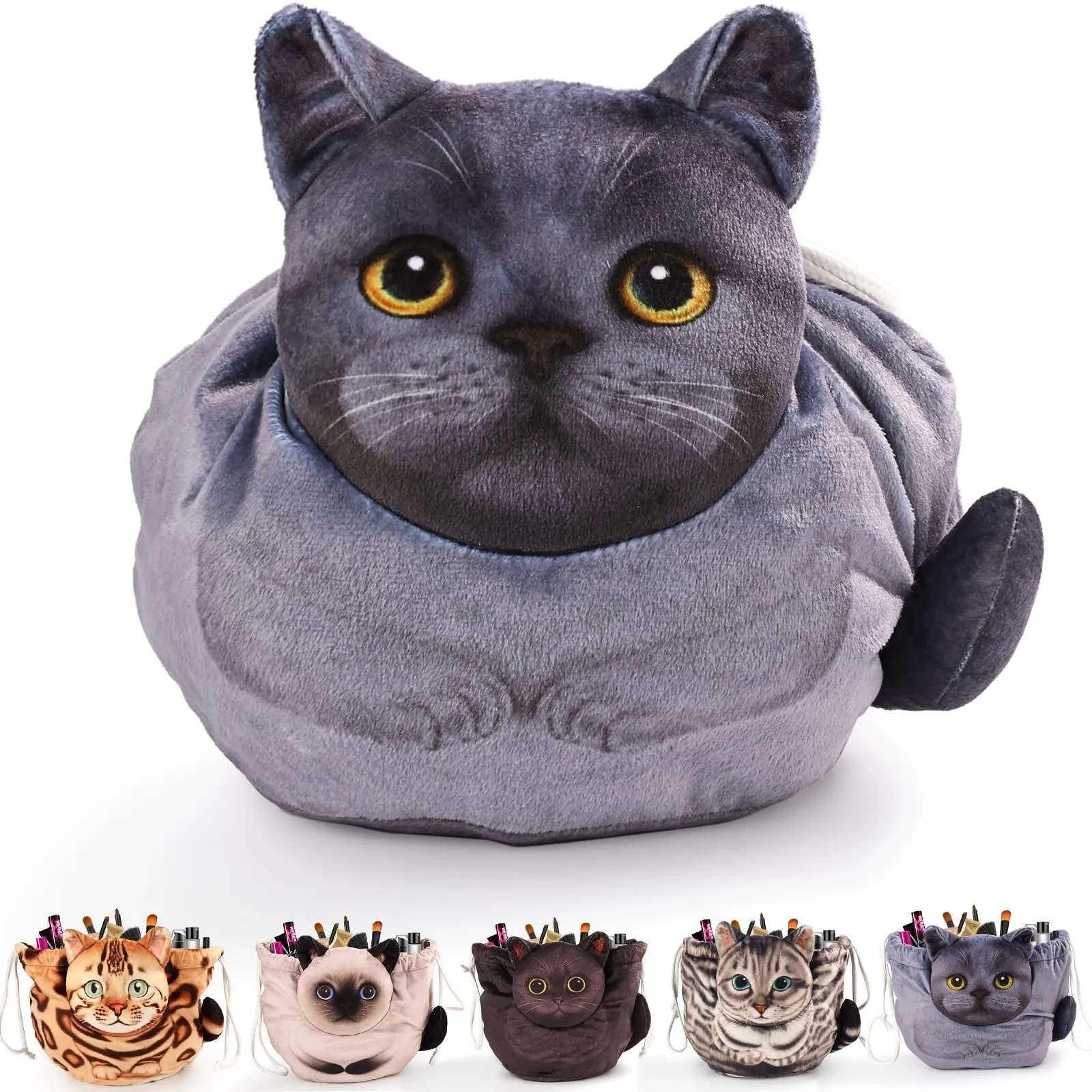 Openhahaha Borsa Trucco a Forma di Gatto con Coulisse, Organizzatore Cosmetici Portatile per Viaggio, Blu Gatto HZB-001 - immagine 1