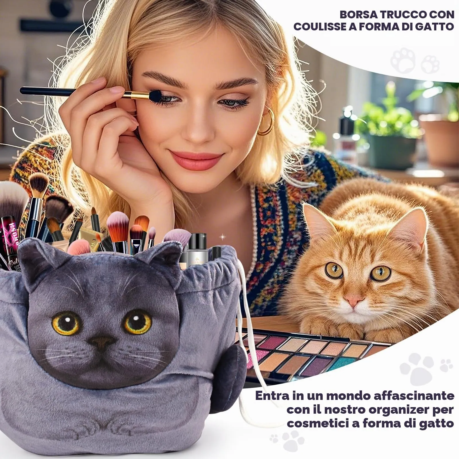 Openhahaha Borsa Trucco a Forma di Gatto con Coulisse, Organizzatore Cosmetici Portatile per Viaggio, Blu Gatto HZB-001 - immagine 2