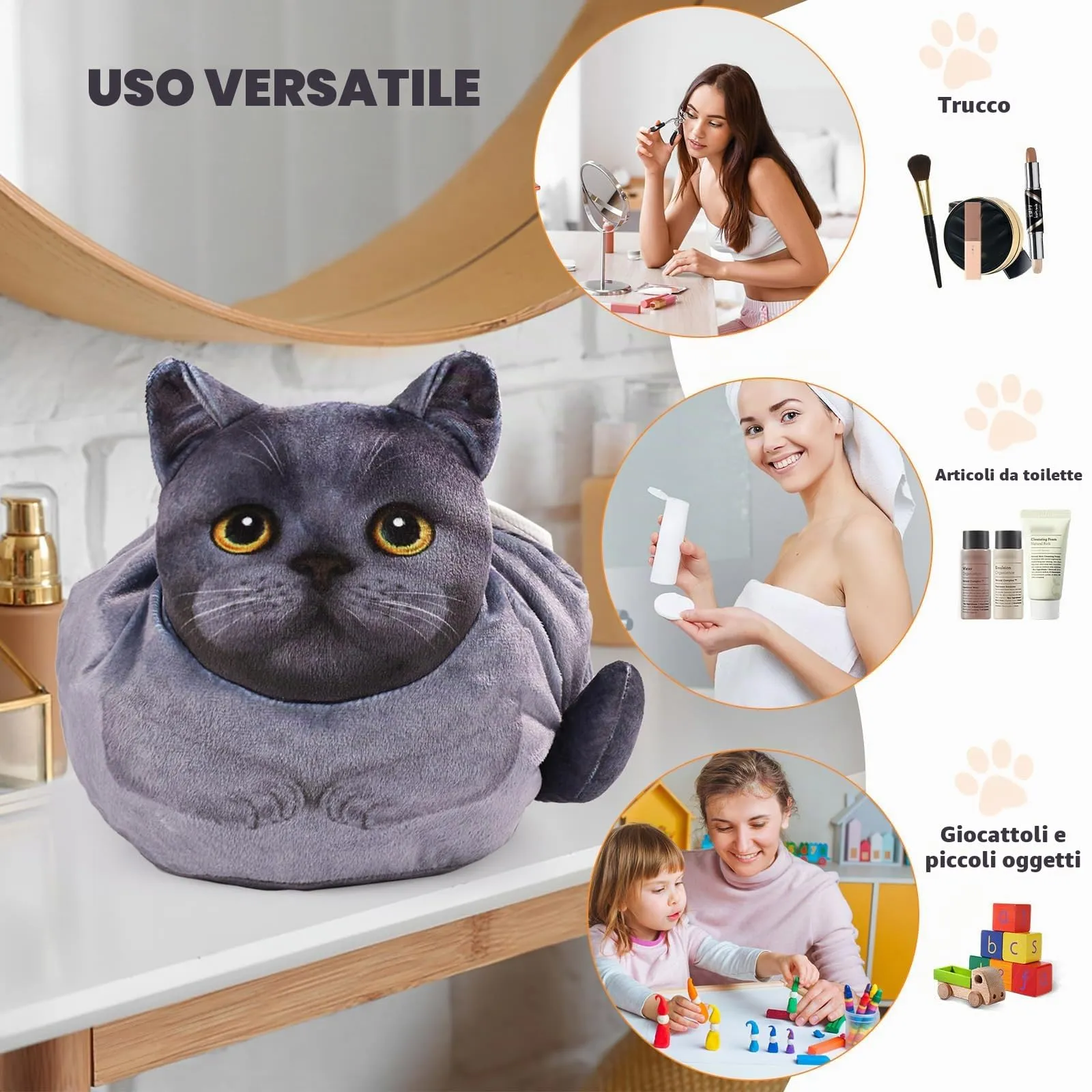 Openhahaha Borsa Trucco a Forma di Gatto con Coulisse, Organizzatore Cosmetici Portatile per Viaggio, Blu Gatto HZB-001 - immagine 3