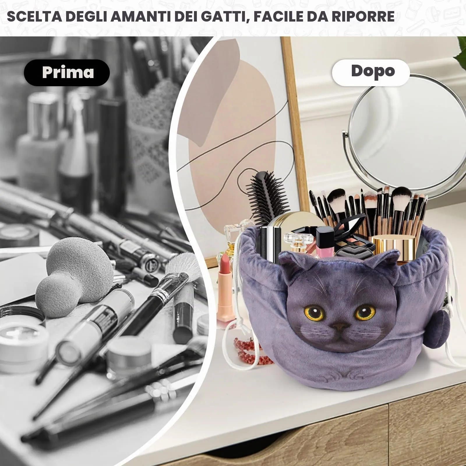 Openhahaha Borsa Trucco a Forma di Gatto con Coulisse, Organizzatore Cosmetici Portatile per Viaggio, Blu Gatto HZB-001 - immagine 4