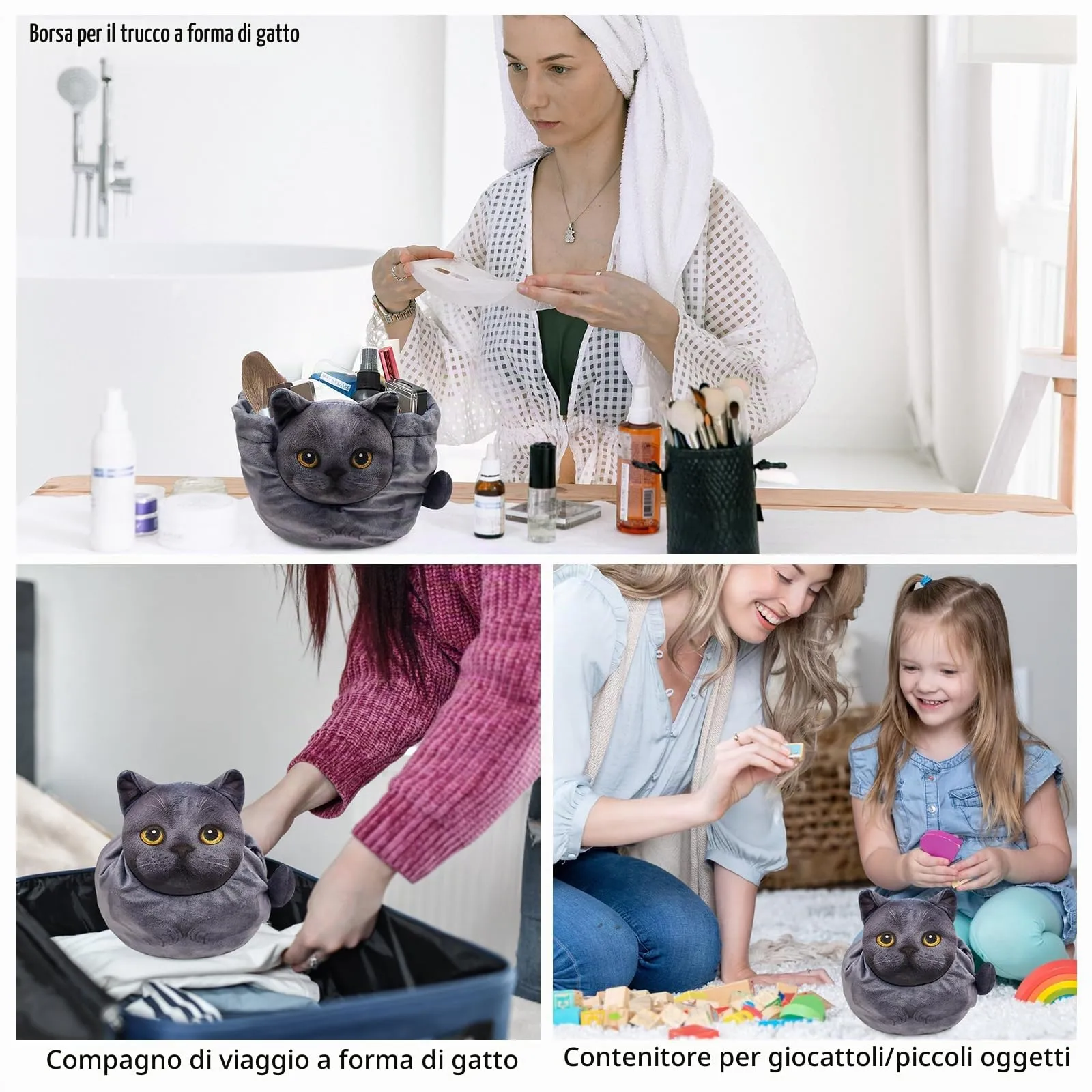 Openhahaha Borsa Trucco a Forma di Gatto con Coulisse, Organizzatore Cosmetici Portatile per Viaggio, Blu Gatto HZB-001 - immagine 6