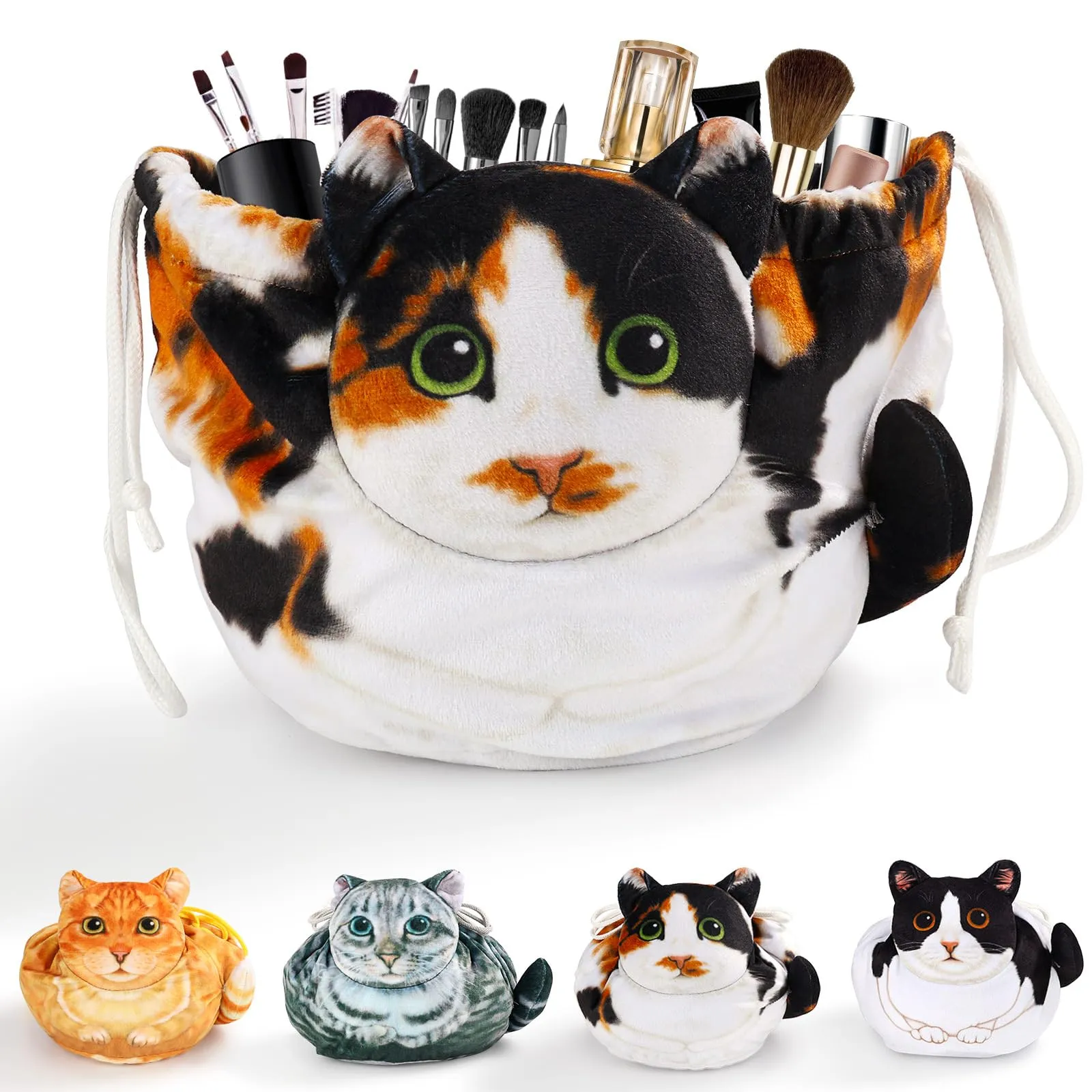 Openhahaha Trousse Porta Trucchi a Forma di Gatto con Coulisse, Borsa Cosmetica da Viaggio HZB-001, Gatto Calico - immagine 1