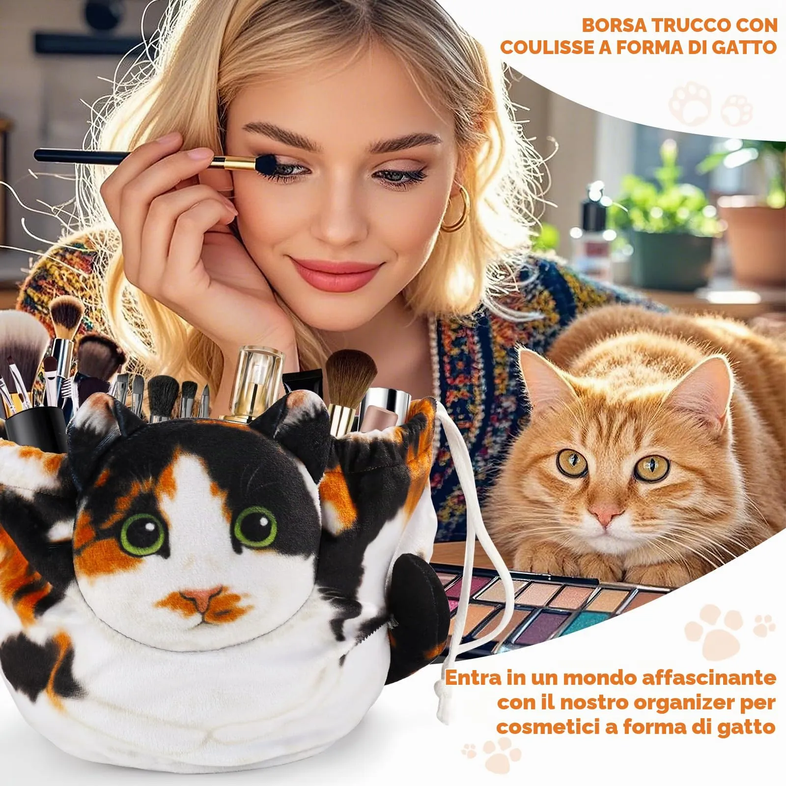 Openhahaha Trousse Porta Trucchi a Forma di Gatto con Coulisse, Borsa Cosmetica da Viaggio HZB-001, Gatto Calico - immagine 2