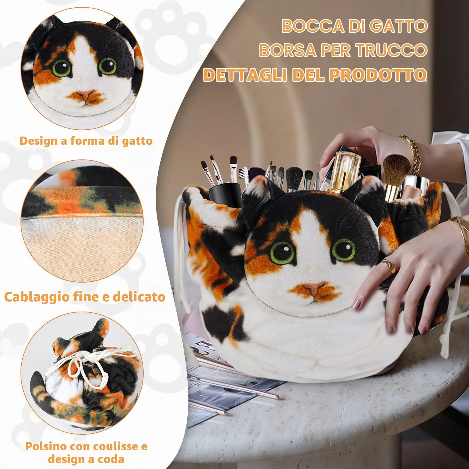 Openhahaha Trousse Porta Trucchi a Forma di Gatto con Coulisse, Borsa Cosmetica da Viaggio HZB-001, Gatto Calico - immagine 3