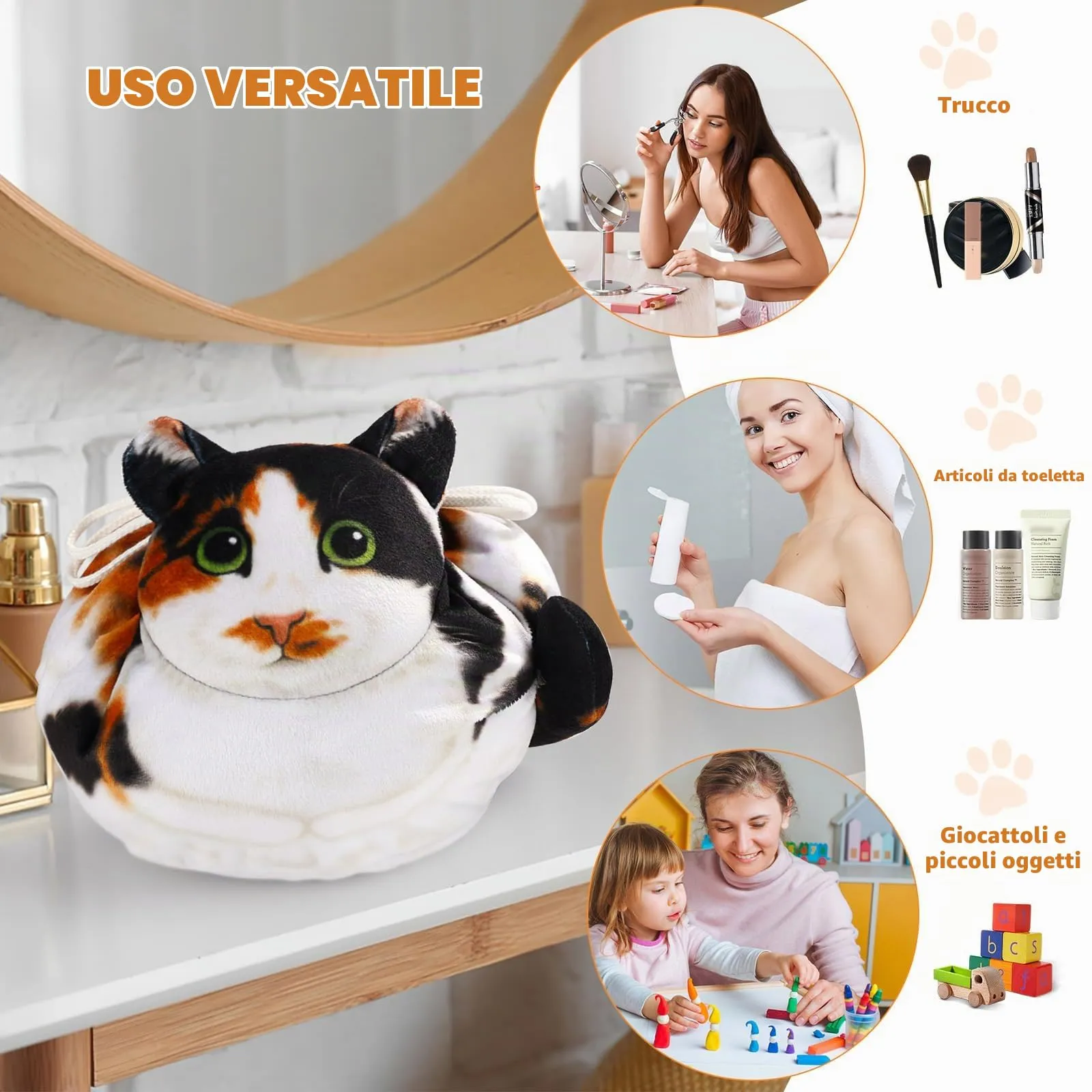 Openhahaha Trousse Porta Trucchi a Forma di Gatto con Coulisse, Borsa Cosmetica da Viaggio HZB-001, Gatto Calico - immagine 4