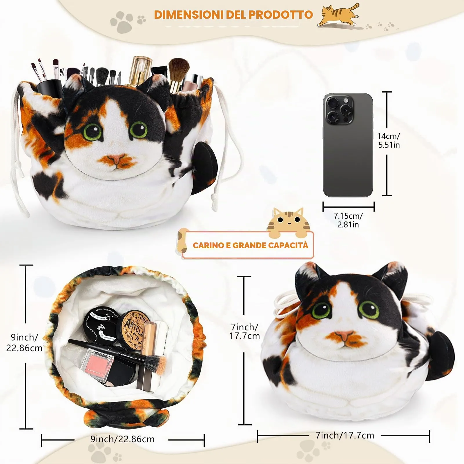 Openhahaha Trousse Porta Trucchi a Forma di Gatto con Coulisse, Borsa Cosmetica da Viaggio HZB-001, Gatto Calico - immagine 5