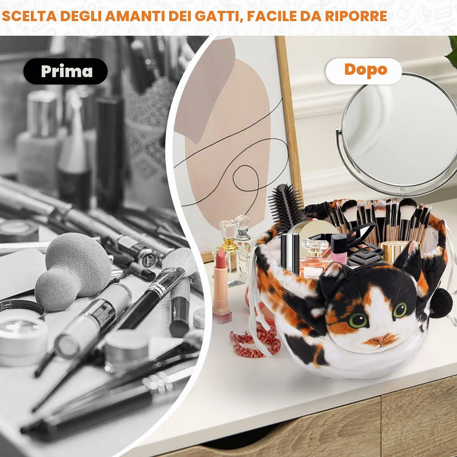 Openhahaha Trousse Porta Trucchi a Forma di Gatto con Coulisse, Borsa Cosmetica da Viaggio HZB-001, Gatto Calico - immagine 6