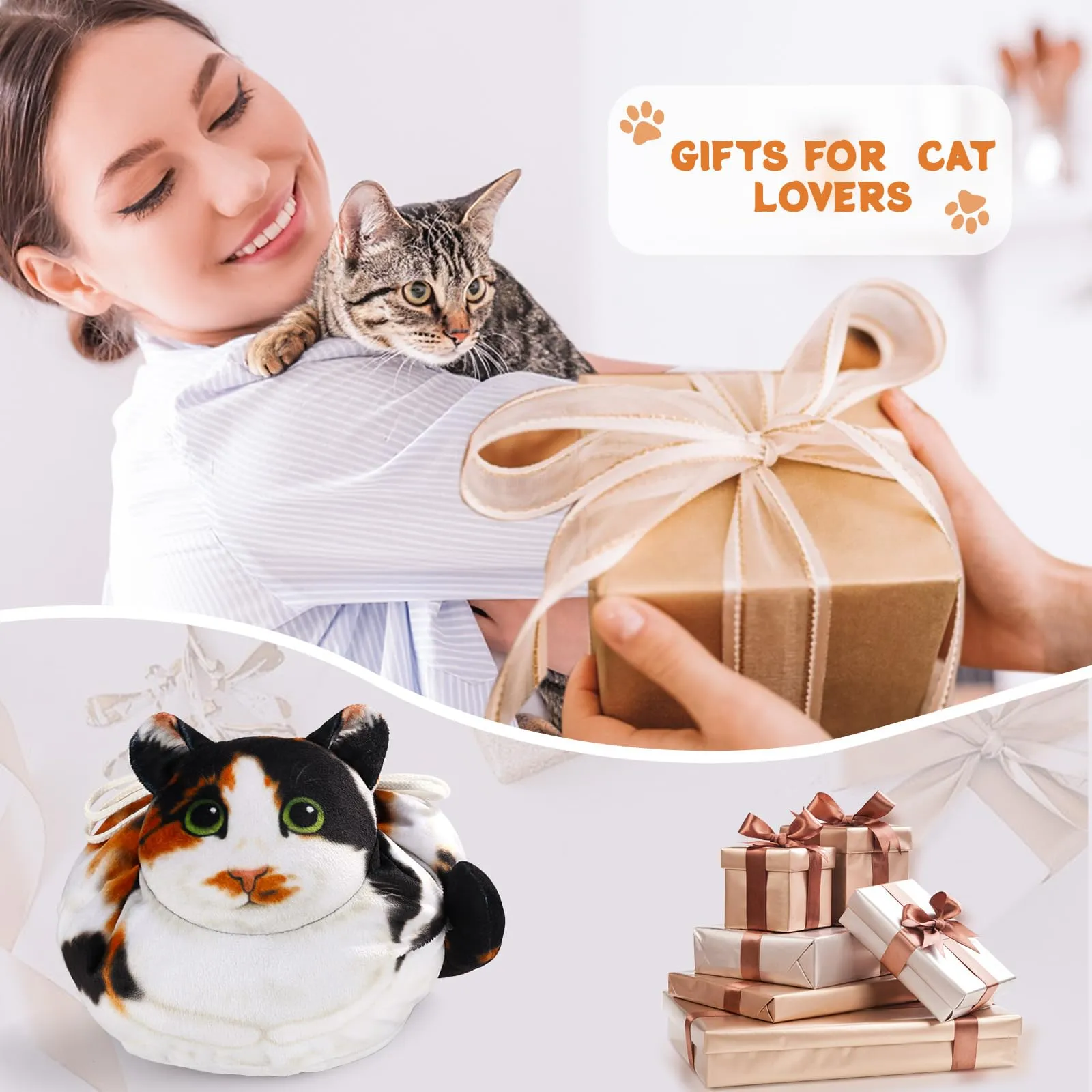Openhahaha Trousse Porta Trucchi a Forma di Gatto con Coulisse, Borsa Cosmetica da Viaggio HZB-001, Gatto Calico - immagine 8