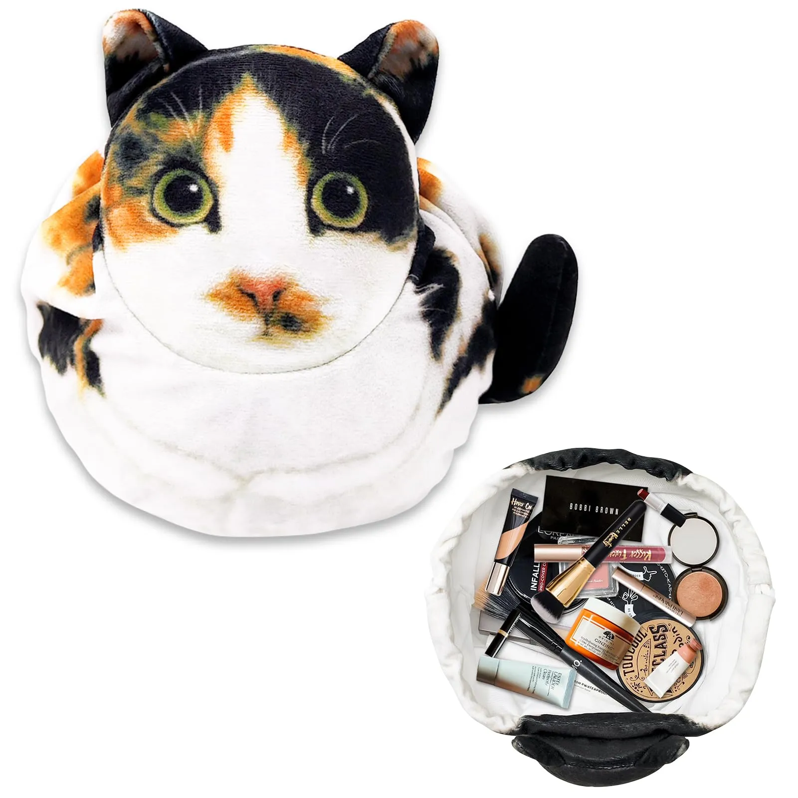 Openhahaha Trousse Porta Trucchi a Forma di Gatto con Coulisse, Borsa Cosmetica da Viaggio HZB-001, Gatto Calico - immagine 9