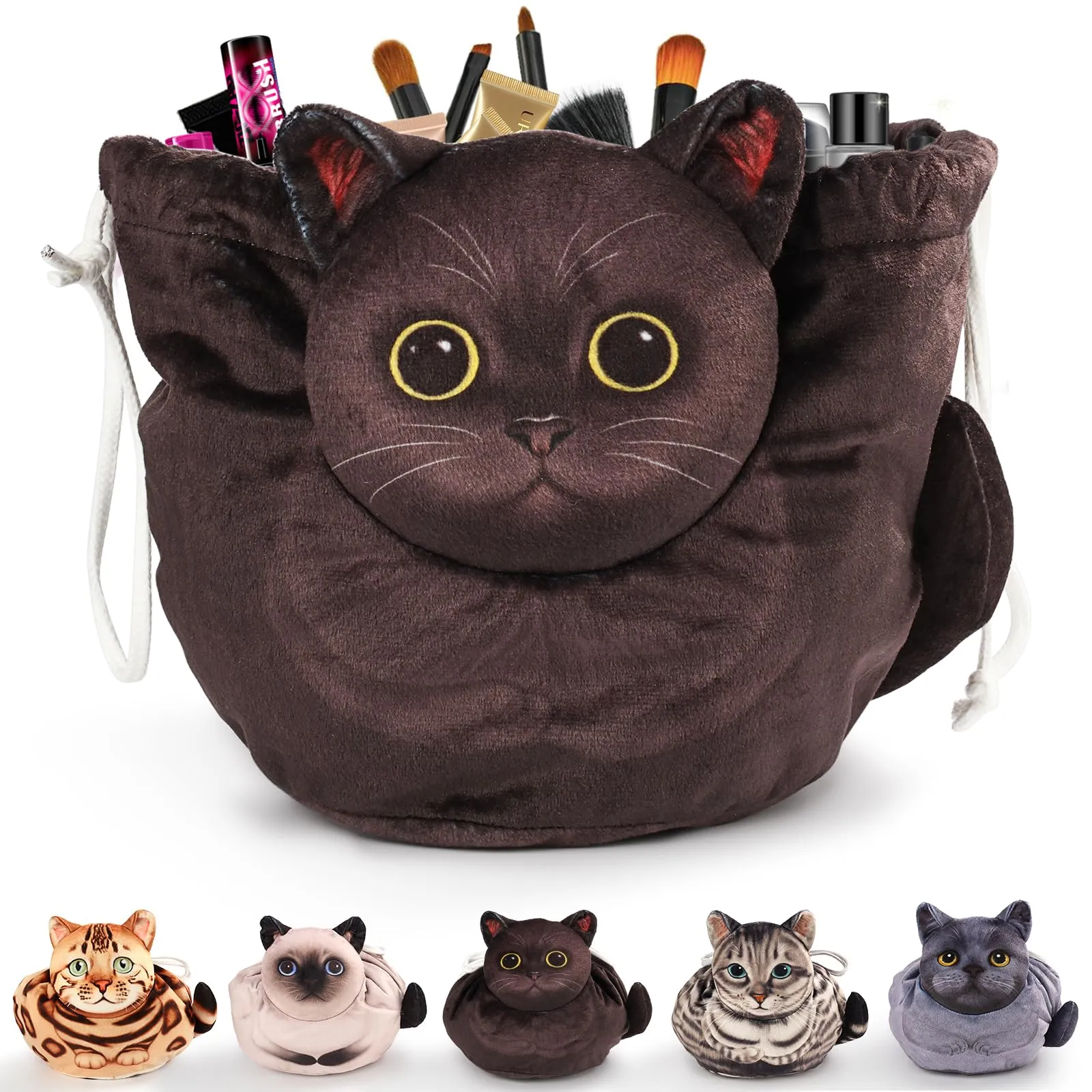 Openhahaha Borsa Trucco a Forma di Gatto con Coulisse, Organizzatore Cosmetici Portatile da Viaggio, Gatto Nero HBZ-001 - immagine 1