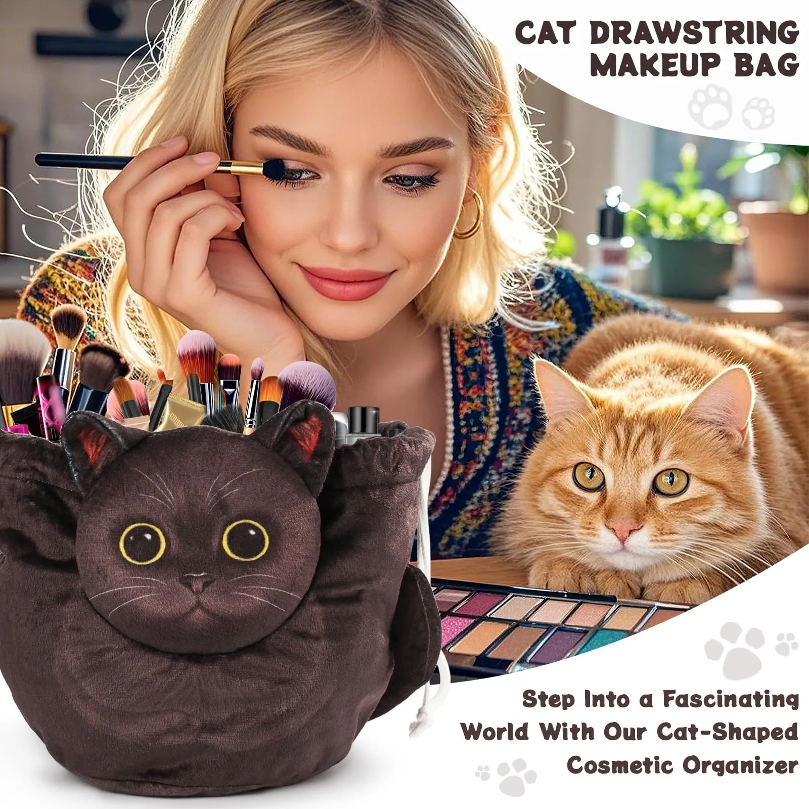 Openhahaha Borsa Trucco a Forma di Gatto con Coulisse, Organizzatore Cosmetici Portatile da Viaggio, Gatto Nero HBZ-001 - immagine 2