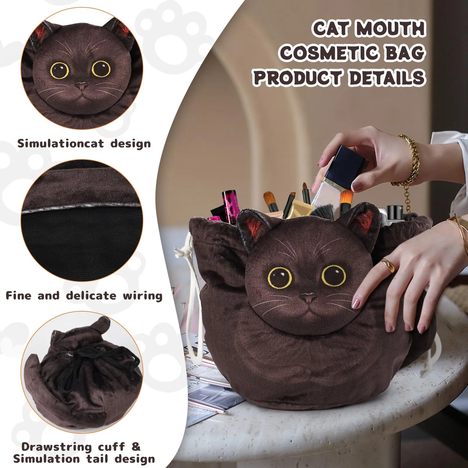 Openhahaha Borsa Trucco a Forma di Gatto con Coulisse, Organizzatore Cosmetici Portatile da Viaggio, Gatto Nero HBZ-001 - immagine 3