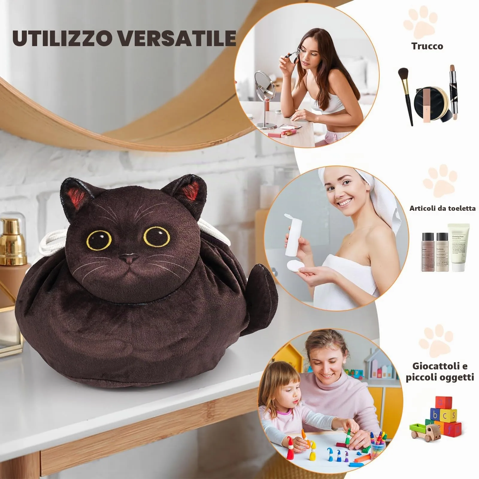 Openhahaha Borsa Trucco a Forma di Gatto con Coulisse, Organizzatore Cosmetici Portatile da Viaggio, Gatto Nero HBZ-001 - immagine 4