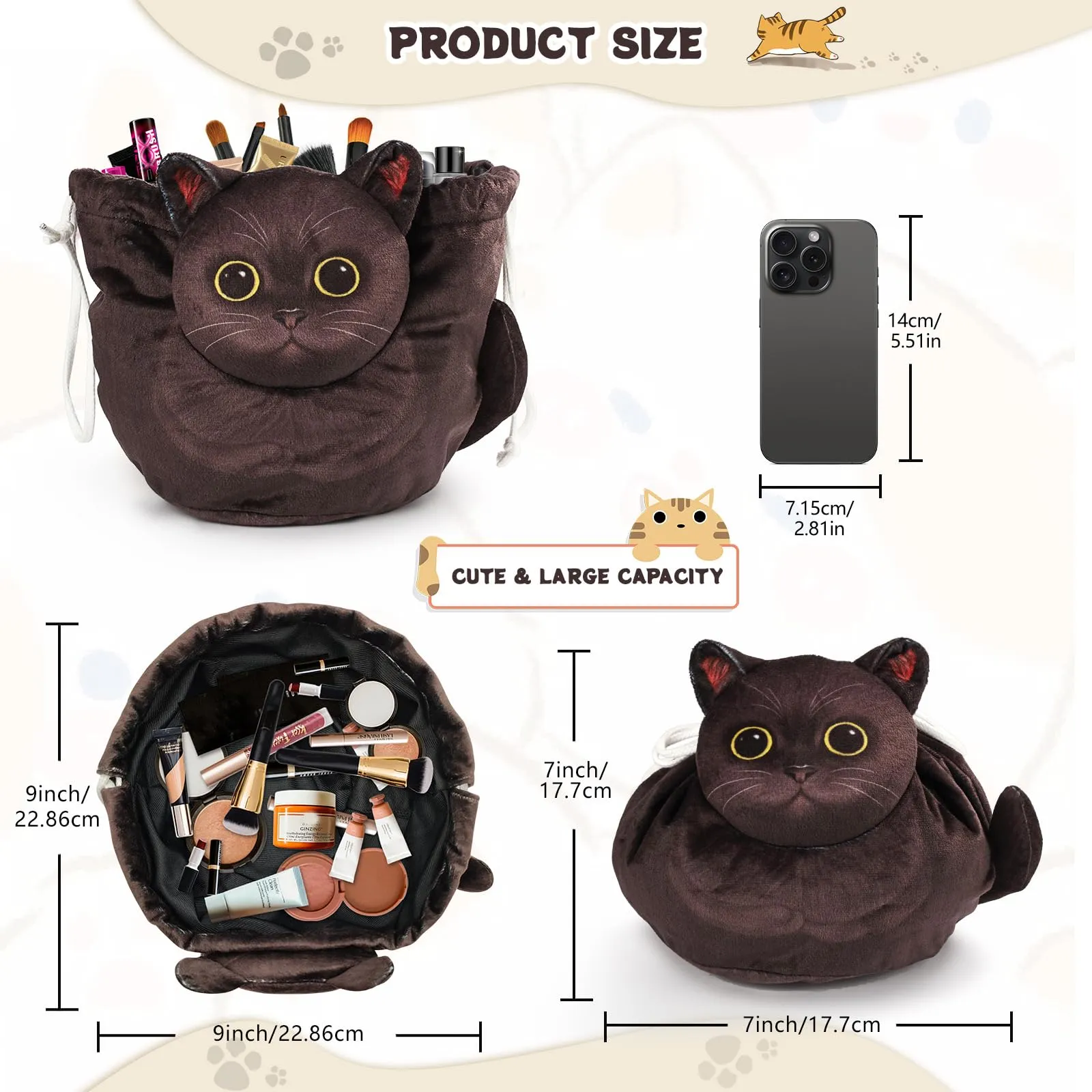 Openhahaha Borsa Trucco a Forma di Gatto con Coulisse, Organizzatore Cosmetici Portatile da Viaggio, Gatto Nero HBZ-001 - immagine 5