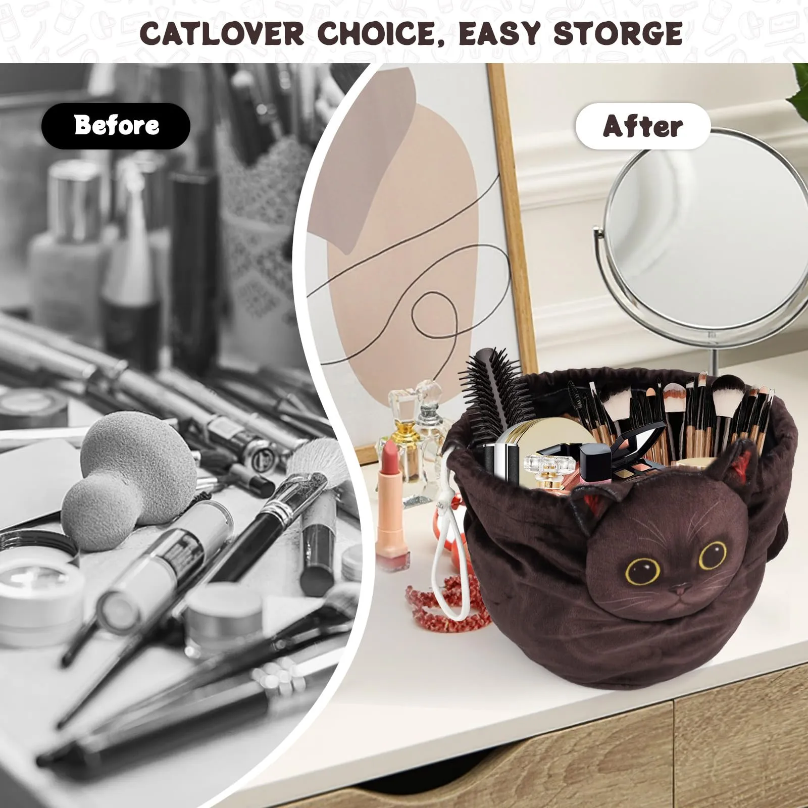 Openhahaha Borsa Trucco a Forma di Gatto con Coulisse, Organizzatore Cosmetici Portatile da Viaggio, Gatto Nero HBZ-001 - immagine 6