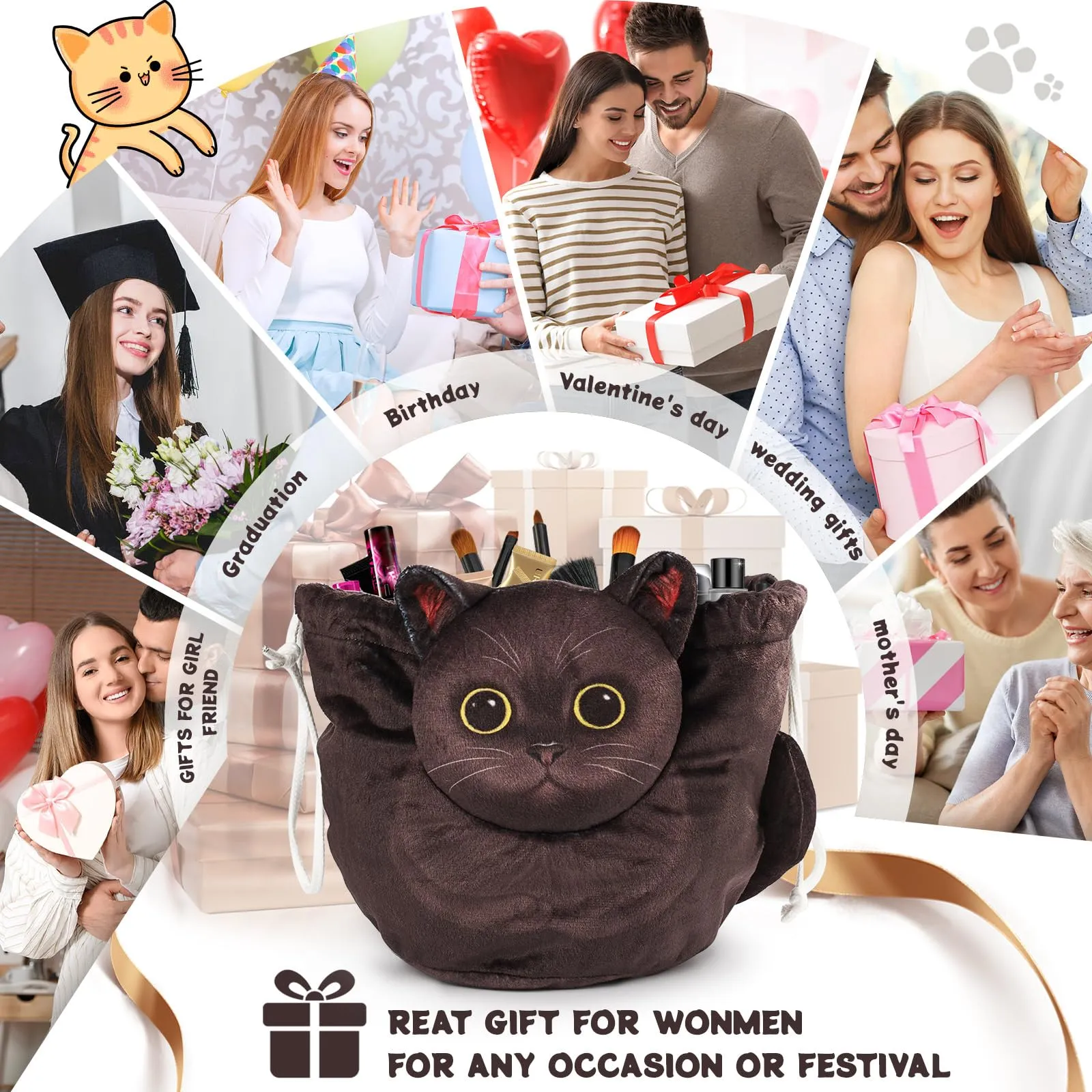 Openhahaha Borsa Trucco a Forma di Gatto con Coulisse, Organizzatore Cosmetici Portatile da Viaggio, Gatto Nero HBZ-001 - immagine 7