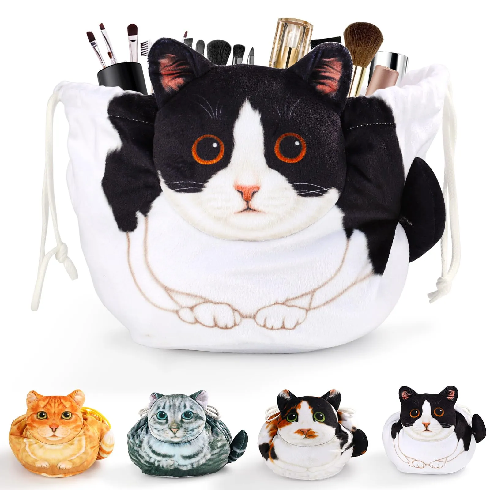Openhahaha Trousse Porta Trucchi a Forma di Gatto con Coulisse, Borsa Cosmetica da Viaggio, Gatto Bianco e Nero, HBZ-001 - immagine 1