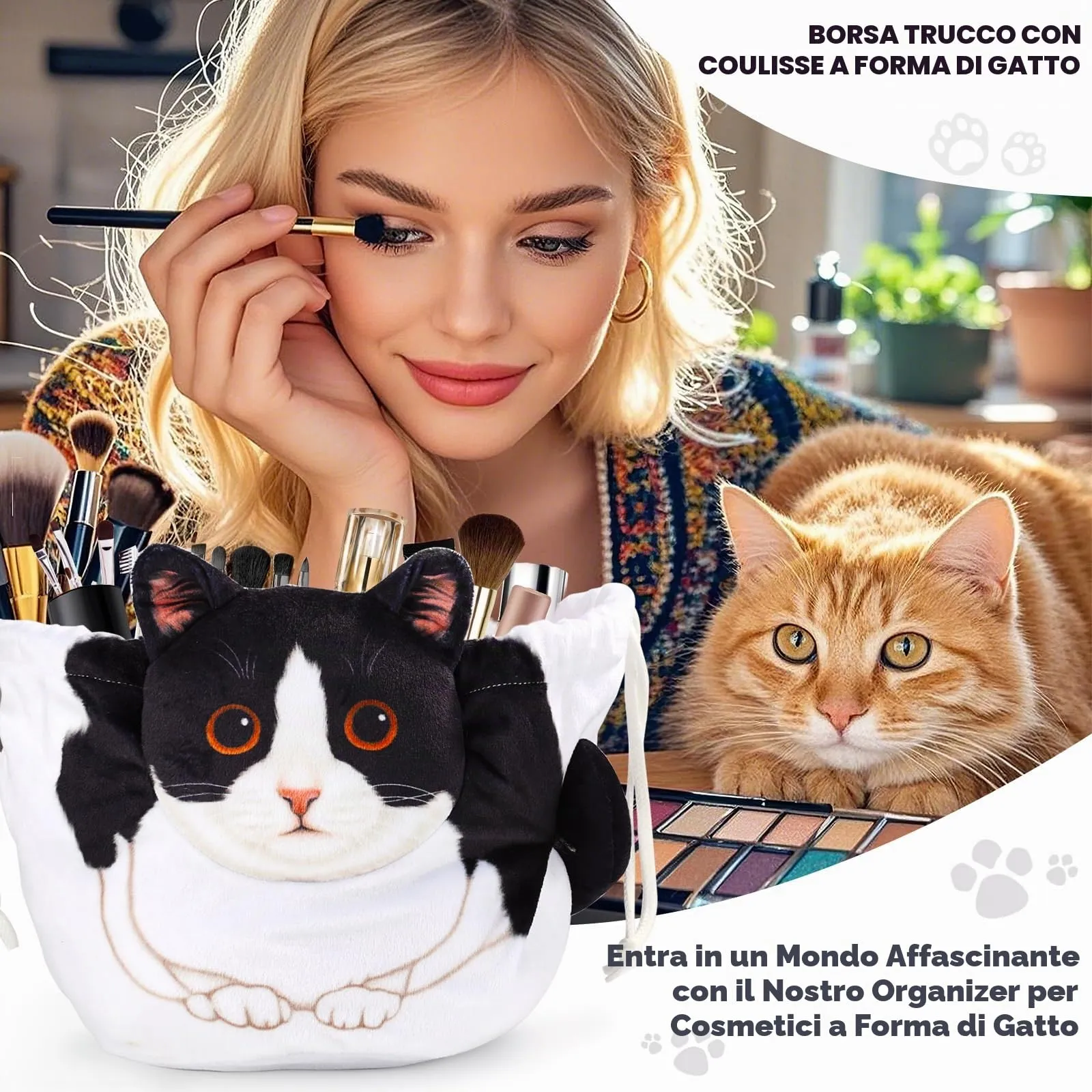 Openhahaha Trousse Porta Trucchi a Forma di Gatto con Coulisse, Borsa Cosmetica da Viaggio, Gatto Bianco e Nero, HBZ-001 - immagine 2