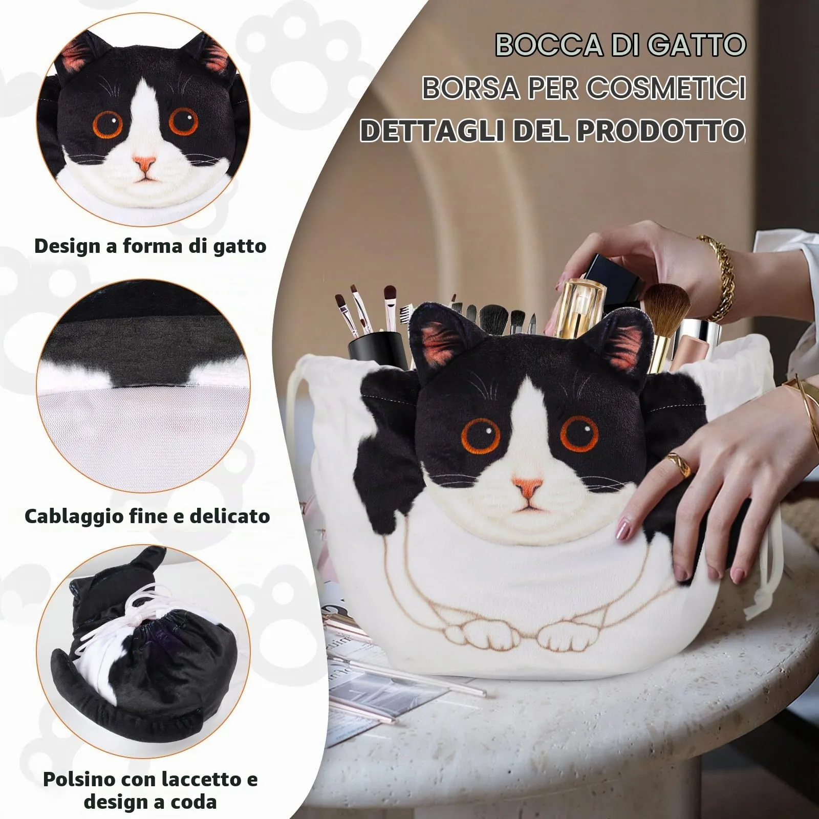 Openhahaha Trousse Porta Trucchi a Forma di Gatto con Coulisse, Borsa Cosmetica da Viaggio, Gatto Bianco e Nero, HBZ-001 - immagine 3