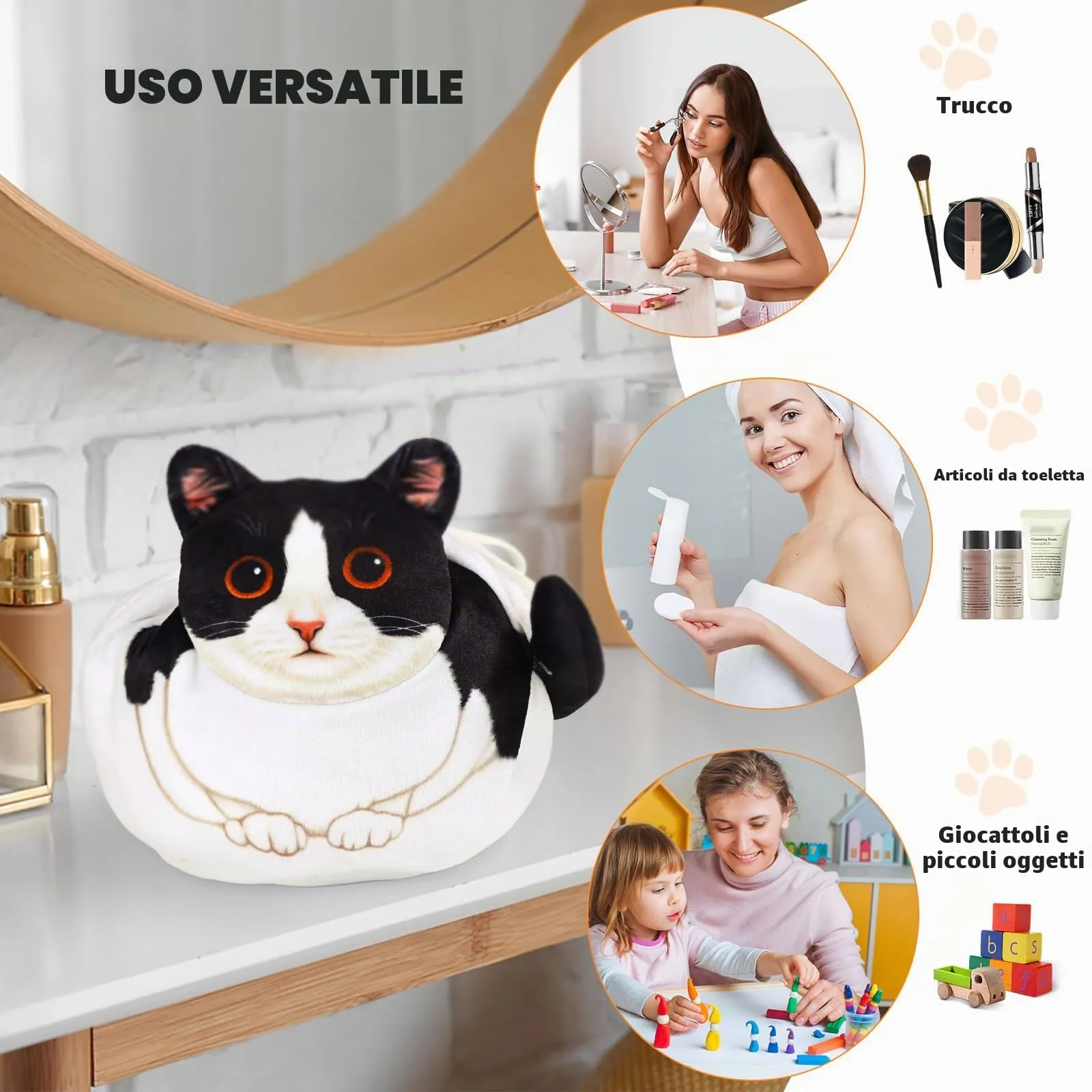 Openhahaha Trousse Porta Trucchi a Forma di Gatto con Coulisse, Borsa Cosmetica da Viaggio, Gatto Bianco e Nero, HBZ-001 - immagine 4