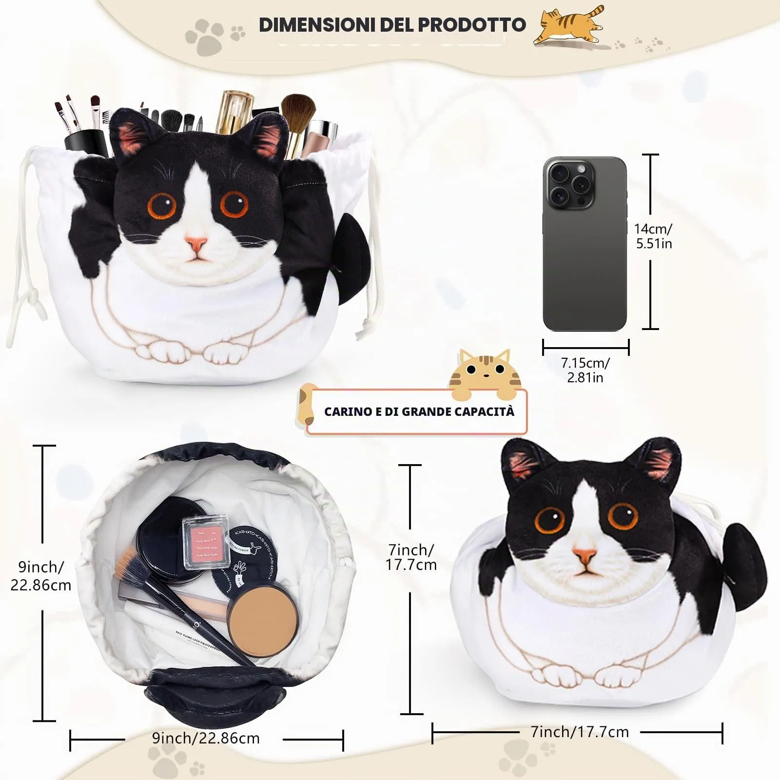 Openhahaha Trousse Porta Trucchi a Forma di Gatto con Coulisse, Borsa Cosmetica da Viaggio, Gatto Bianco e Nero, HBZ-001 - immagine 5