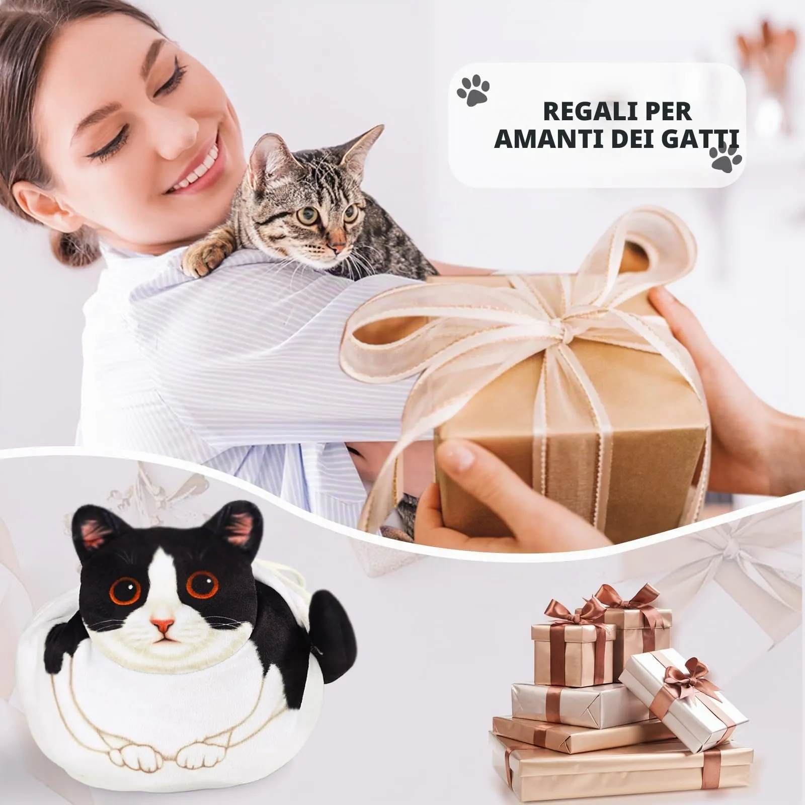 Openhahaha Trousse Porta Trucchi a Forma di Gatto con Coulisse, Borsa Cosmetica da Viaggio, Gatto Bianco e Nero, HBZ-001 - immagine 6