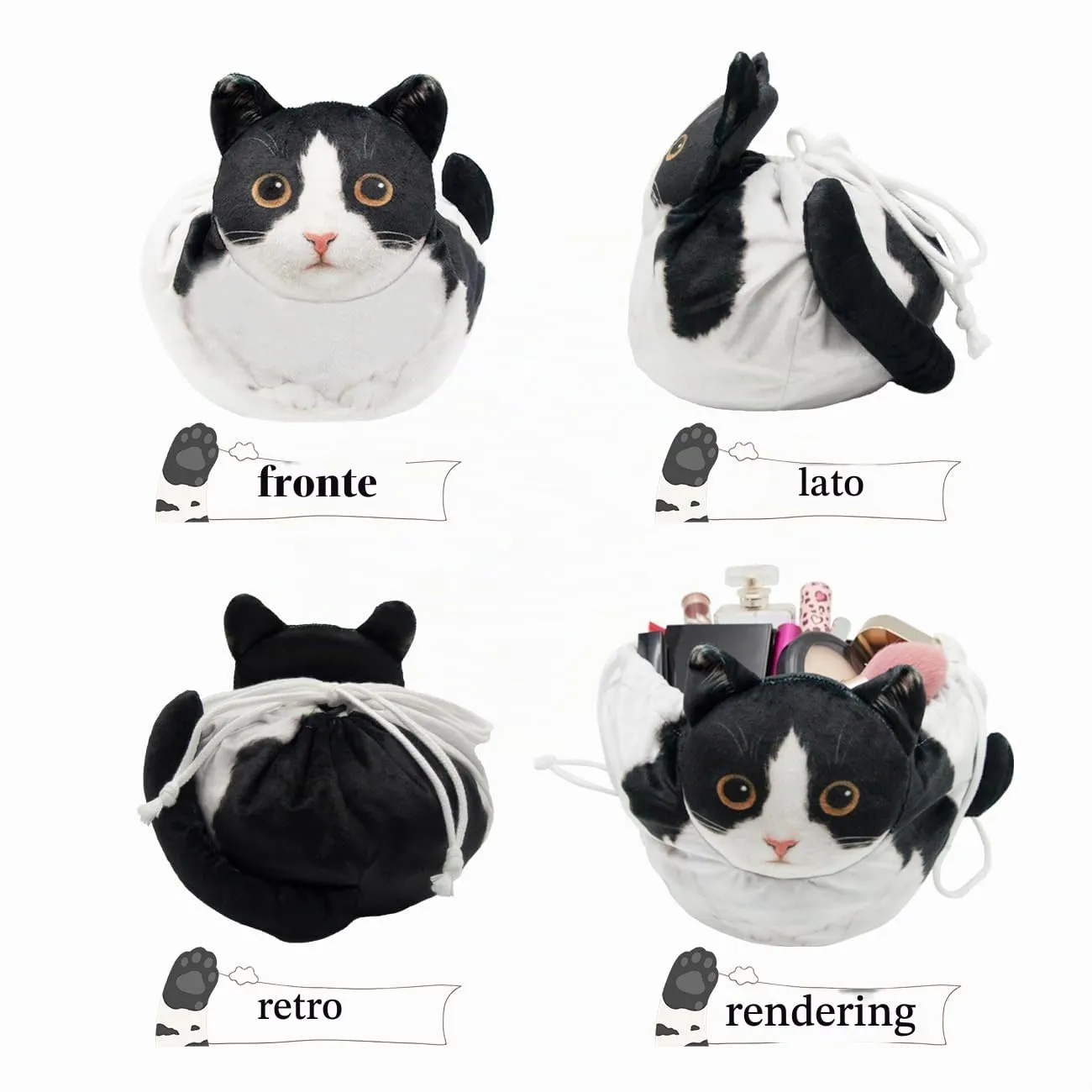 Openhahaha Trousse Porta Trucchi a Forma di Gatto con Coulisse, Borsa Cosmetica da Viaggio, Gatto Bianco e Nero, HBZ-001 - immagine 8