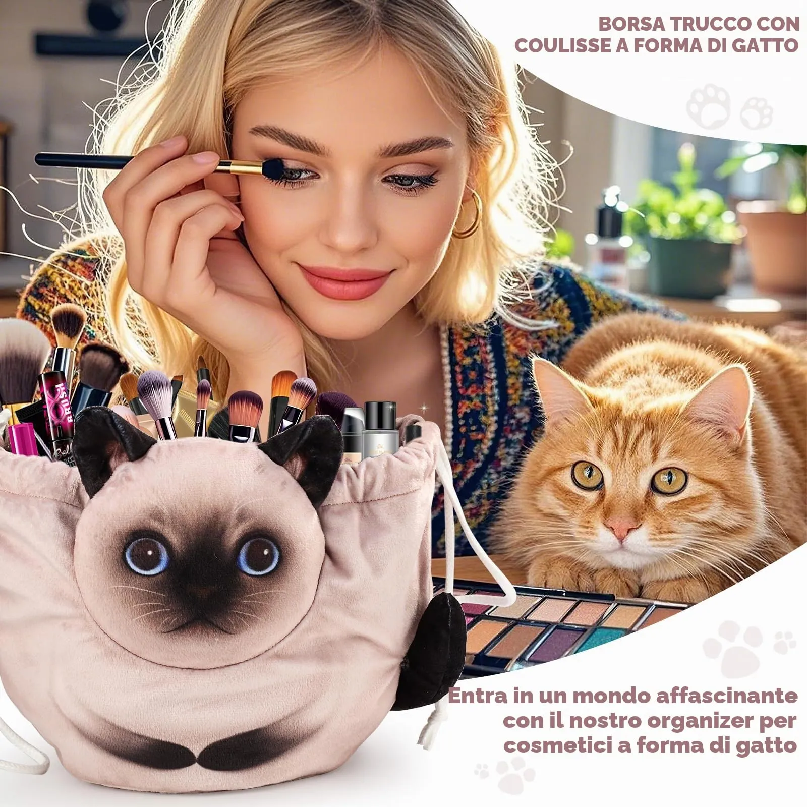 Openhahaha Trousse Trucchi Donna a Forma di Gatto con Coulisse, Borsa Cosmetica da Viaggio HBZ-001, Gatto Siamese - immagine 2