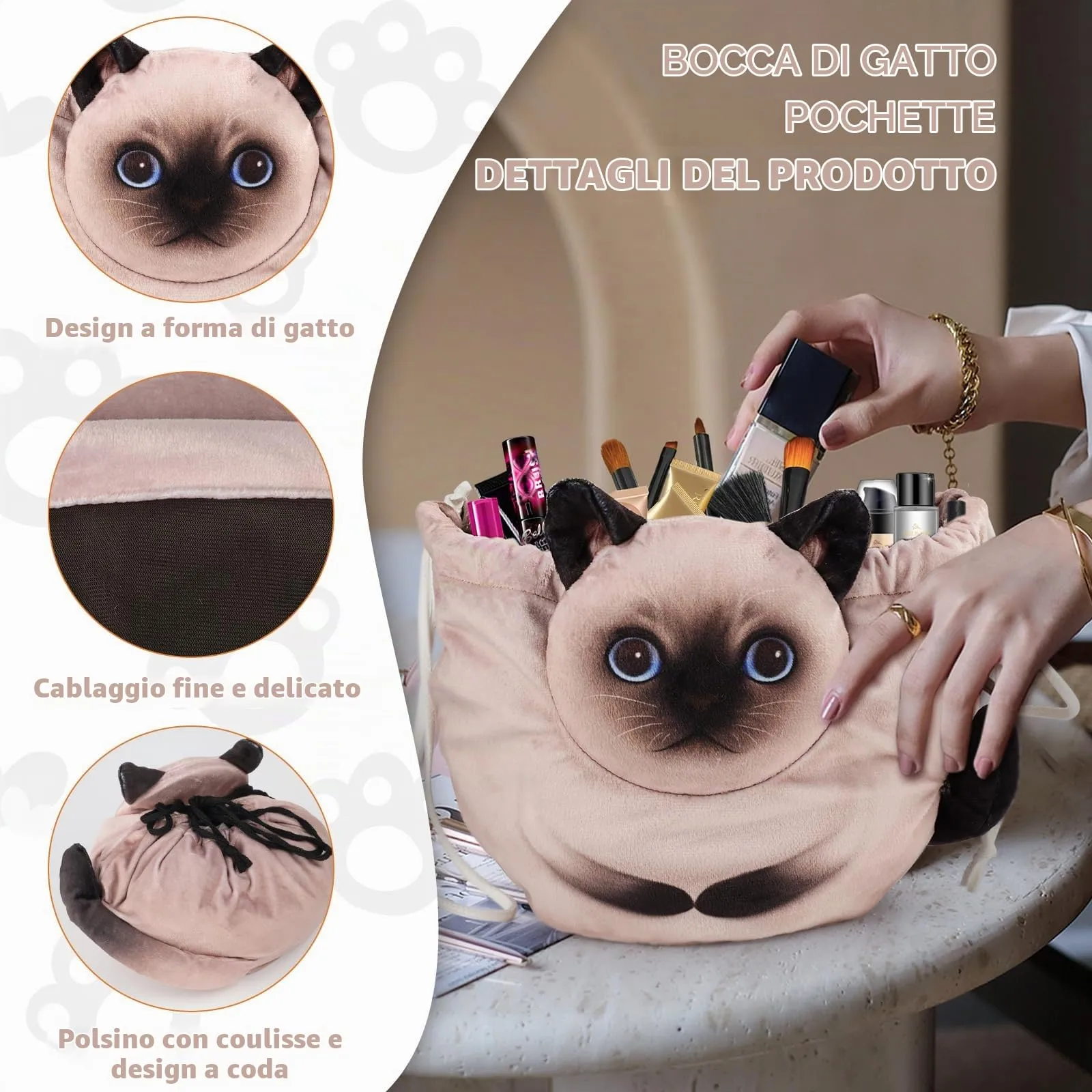 Openhahaha Trousse Trucchi Donna a Forma di Gatto con Coulisse, Borsa Cosmetica da Viaggio HBZ-001, Gatto Siamese - immagine 3