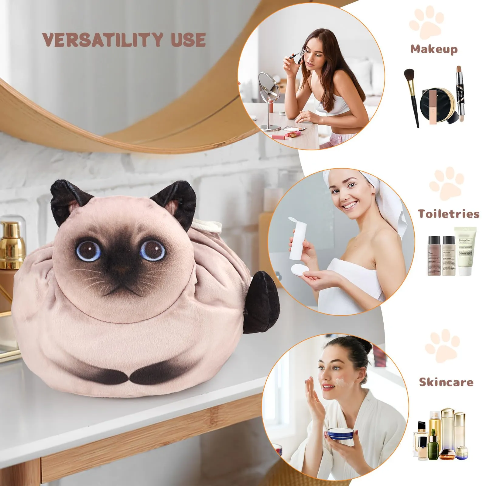Openhahaha Trousse Trucchi Donna a Forma di Gatto con Coulisse, Borsa Cosmetica da Viaggio HBZ-001, Gatto Siamese - immagine 4