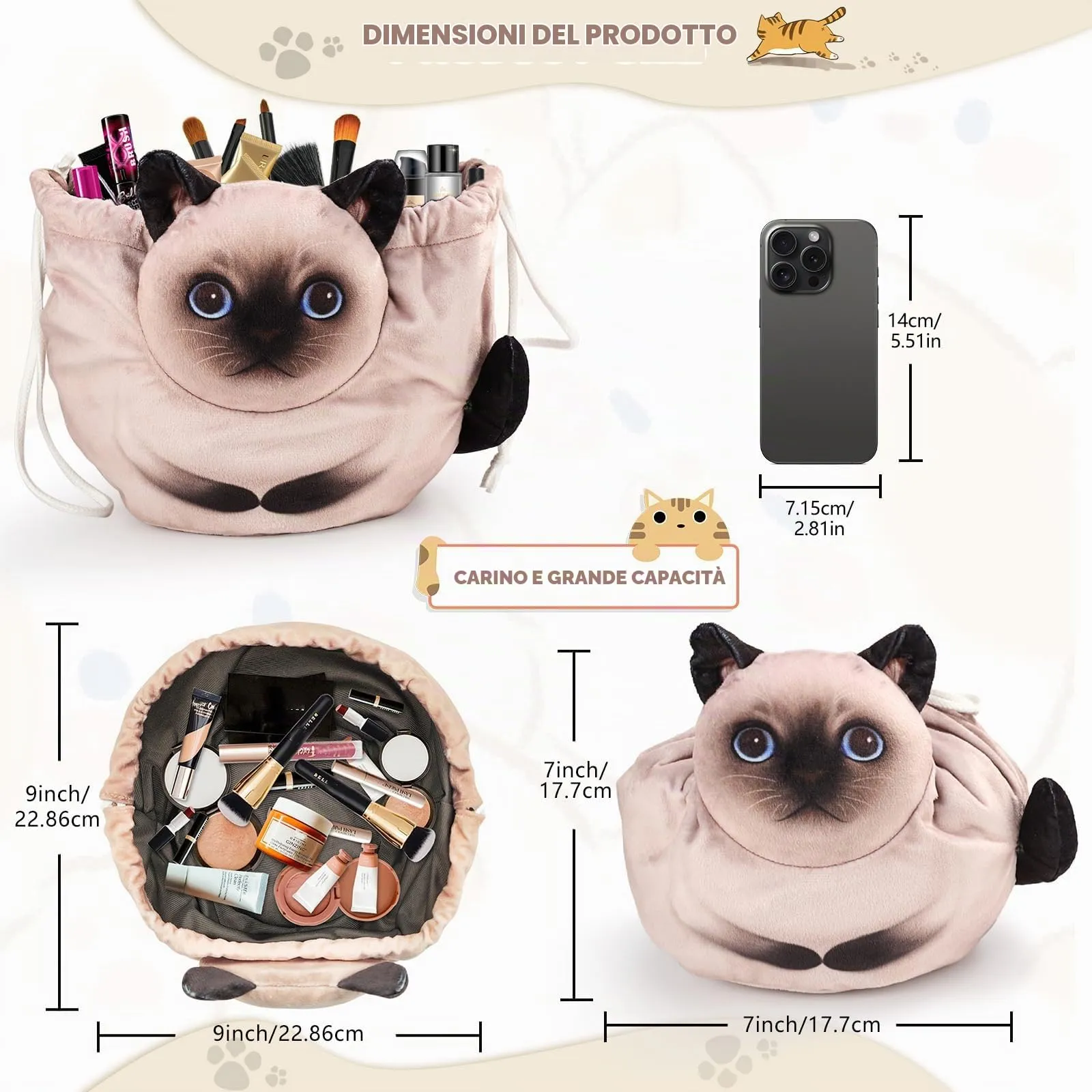 Openhahaha Trousse Trucchi Donna a Forma di Gatto con Coulisse, Borsa Cosmetica da Viaggio HBZ-001, Gatto Siamese - immagine 5
