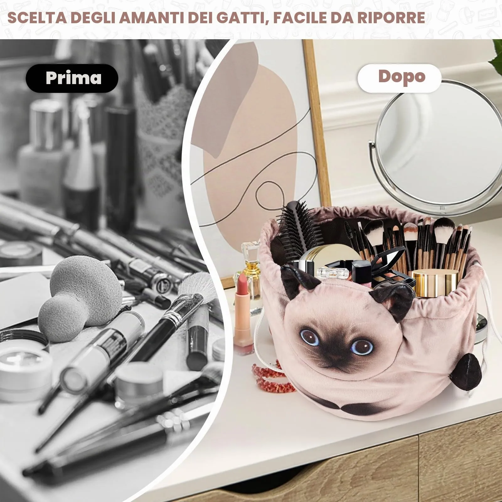 Openhahaha Trousse Trucchi Donna a Forma di Gatto con Coulisse, Borsa Cosmetica da Viaggio HBZ-001, Gatto Siamese - immagine 6