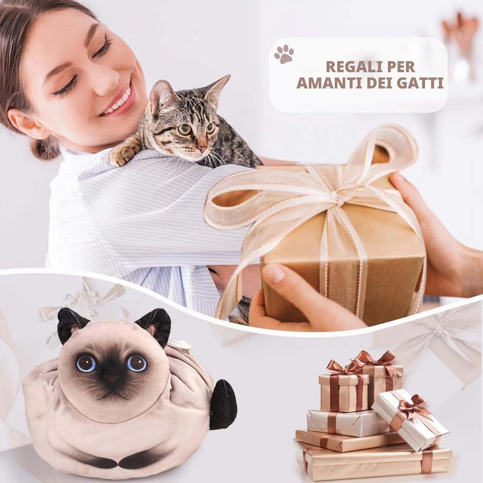 Openhahaha Trousse Trucchi Donna a Forma di Gatto con Coulisse, Borsa Cosmetica da Viaggio HBZ-001, Gatto Siamese - immagine 8