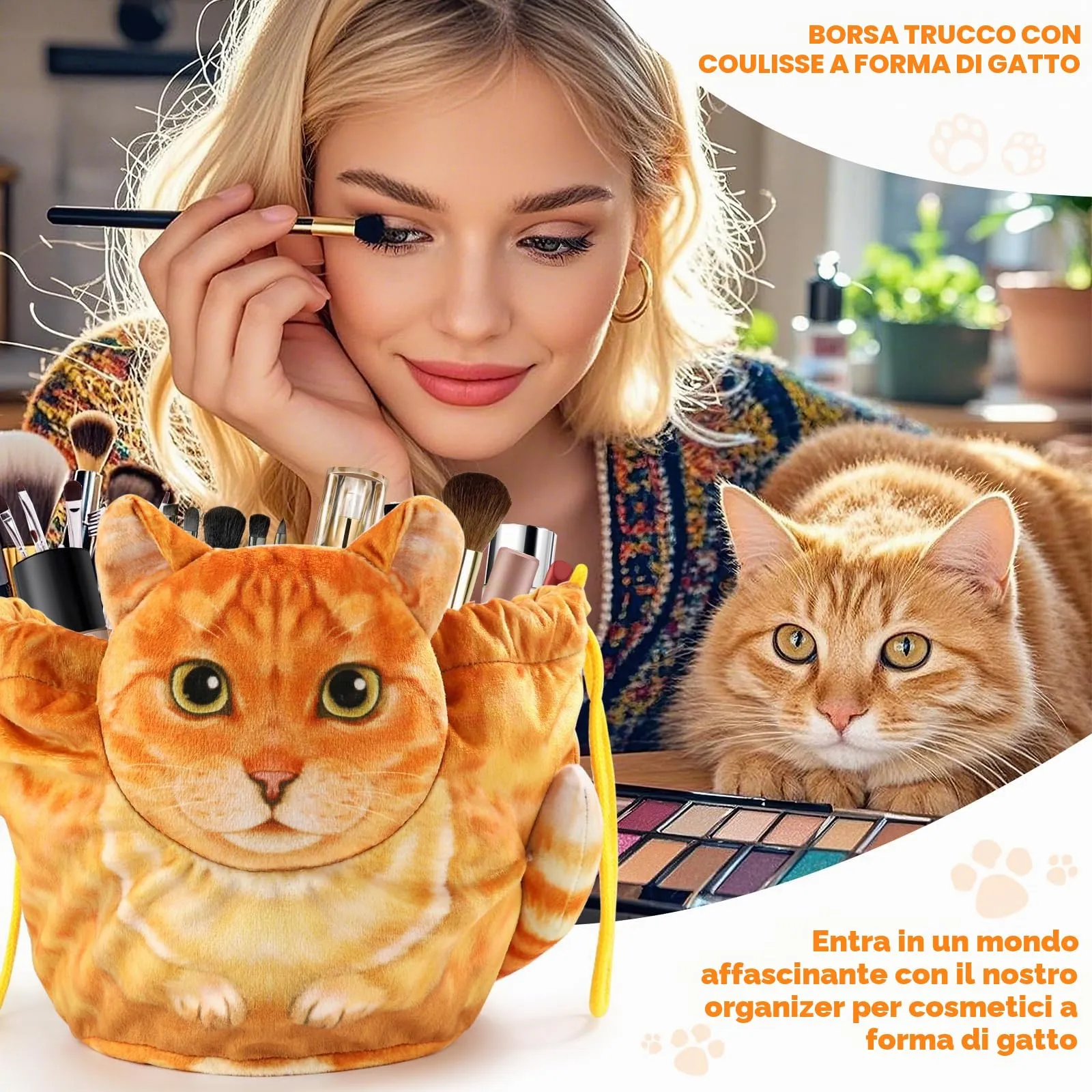 Openhahaha Trousse Trucchi Donna a Forma di Gatto con Coulisse, Borsa Cosmetica da Viaggio HBZ-001 - immagine 2