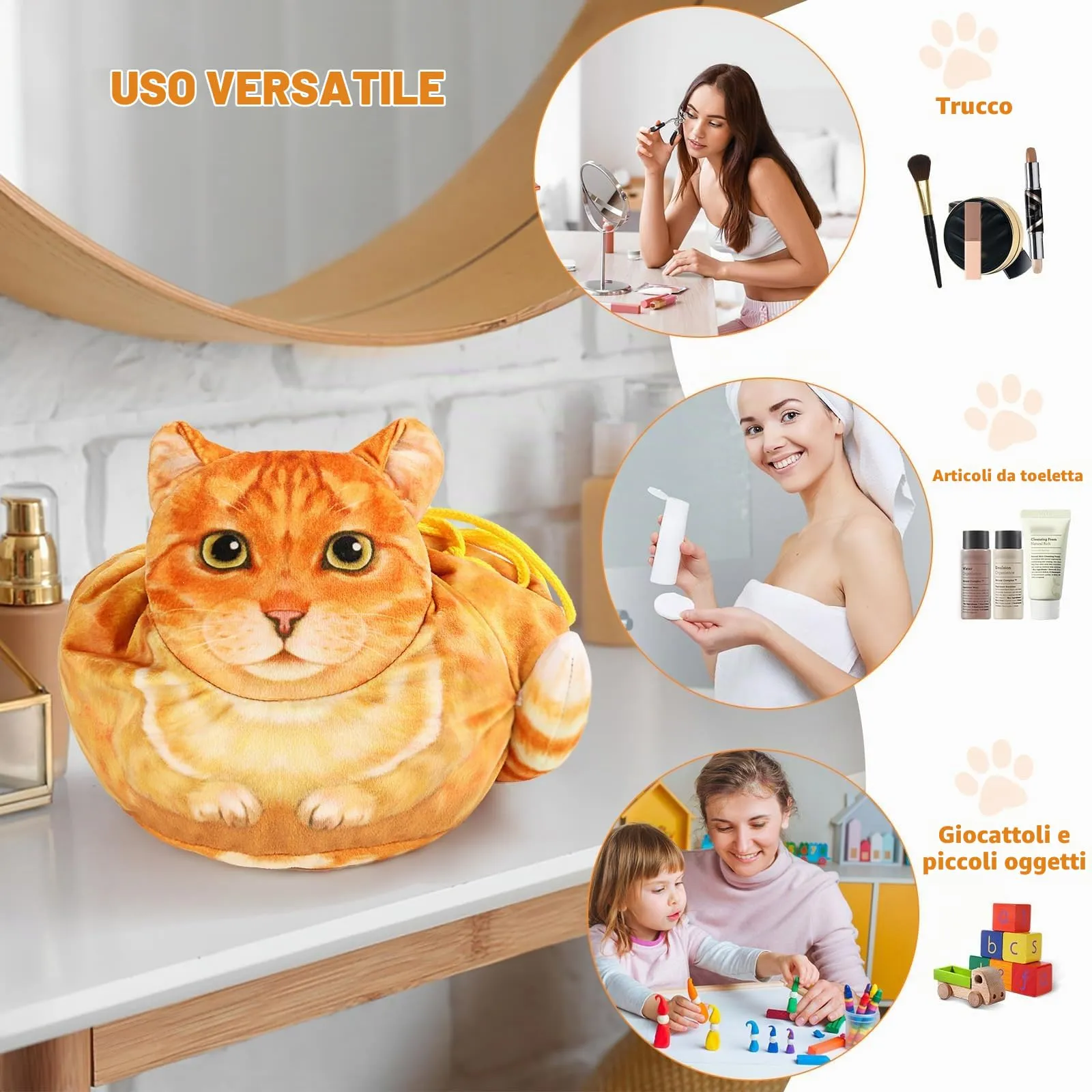 Openhahaha Trousse Trucchi Donna a Forma di Gatto con Coulisse, Borsa Cosmetica da Viaggio HBZ-001 - immagine 3
