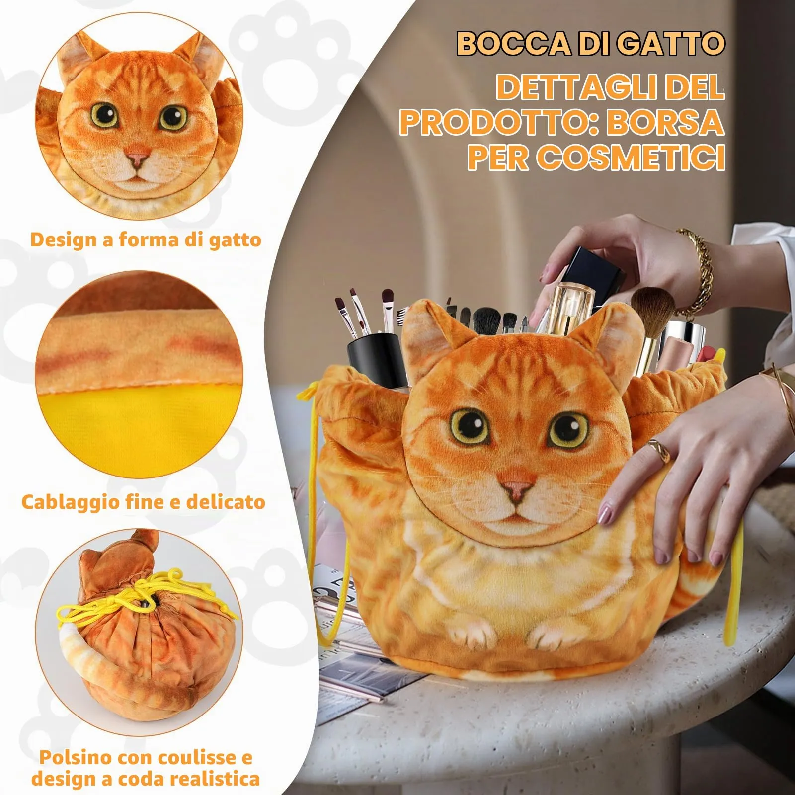 Openhahaha Trousse Trucchi Donna a Forma di Gatto con Coulisse, Borsa Cosmetica da Viaggio HBZ-001 - immagine 4
