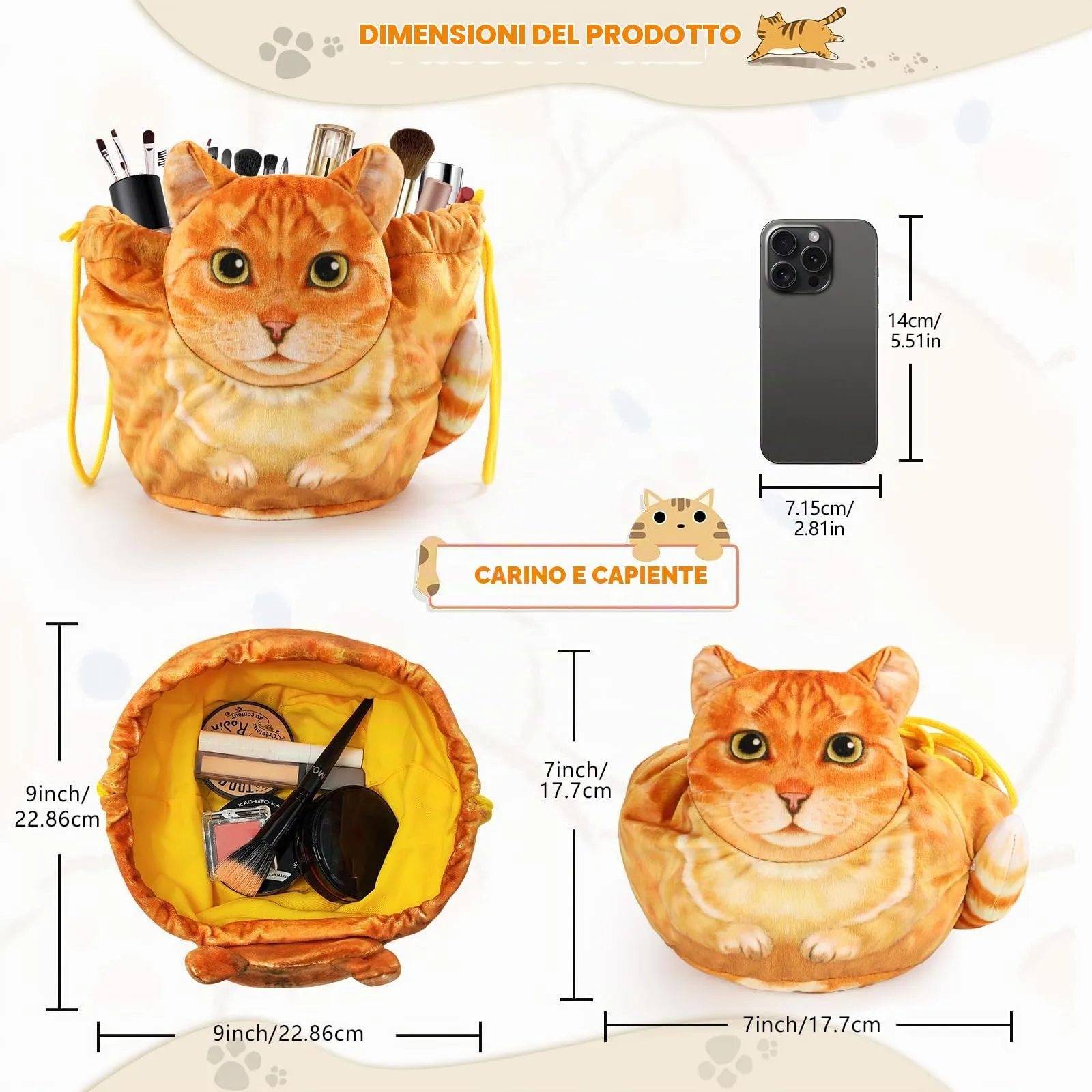Openhahaha Trousse Trucchi Donna a Forma di Gatto con Coulisse, Borsa Cosmetica da Viaggio HBZ-001 - immagine 5
