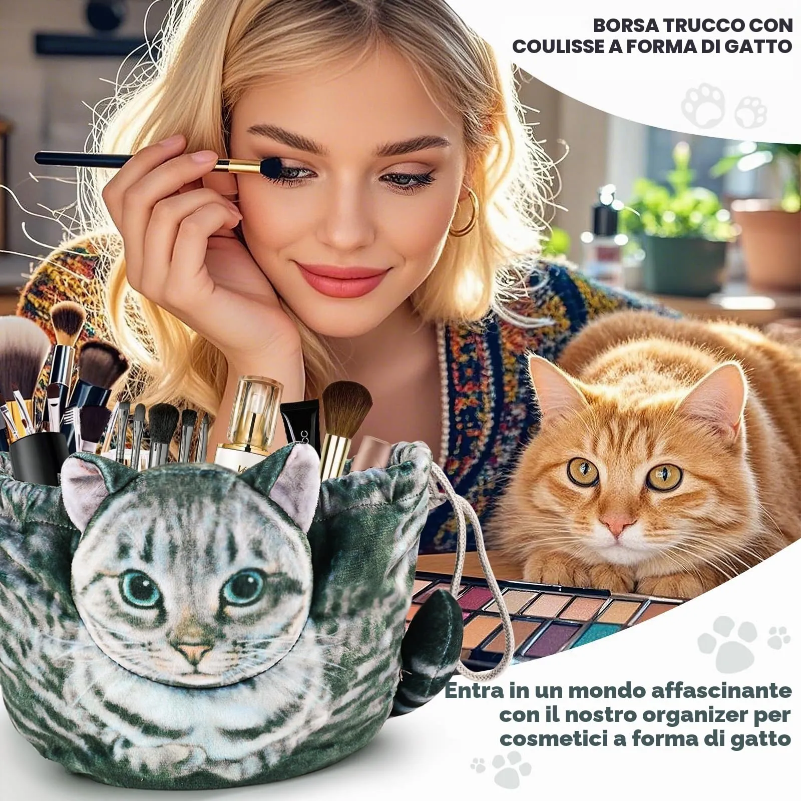 Openhahaha Trousse Cosmetica con Coulisse a Forma di Gatto, Grigio-001 - immagine 2